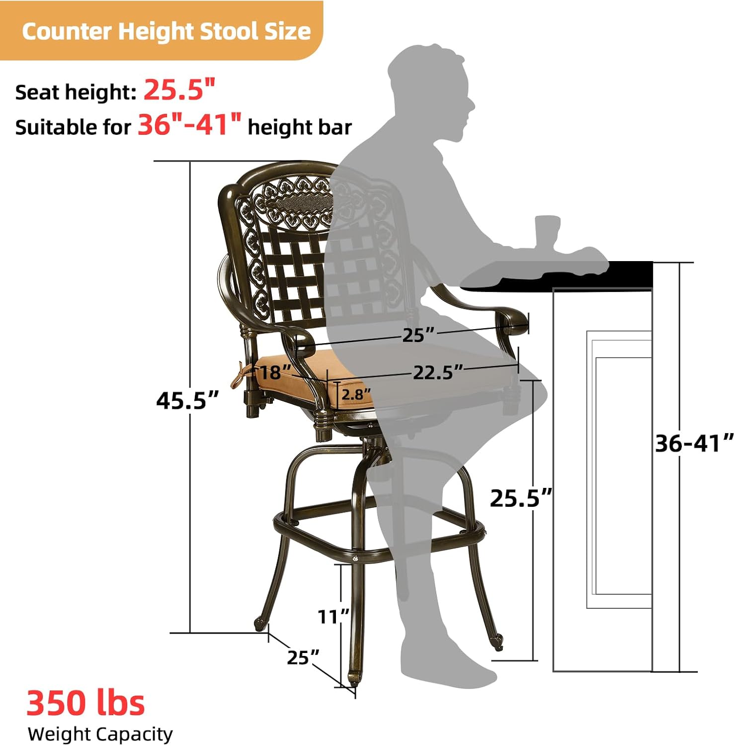 Outdoor Patio Swivel Bar Stools Set of 2, All-Weather Bar Height Patio Chairs, Outdoor High Bistro Stools with Cushion/High Back/Armrest/Footrest for Outside, Lawn & Garden, Dark Bronze