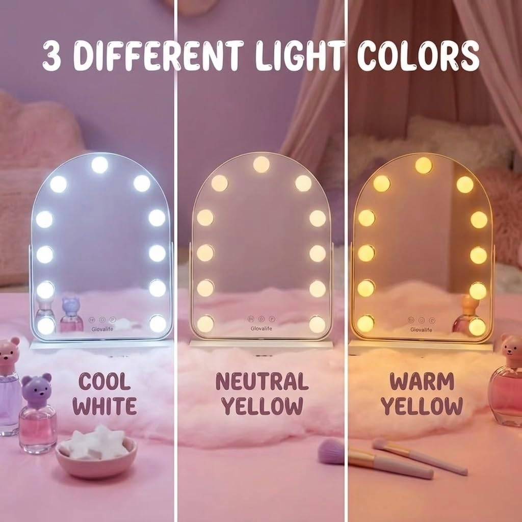 Vanity Mirror with Lights, Makeup amovible Mirror, Arch Shape, 11 Bulb led, 3 Colors Lighting,12.6" x 17.3" Inches, 360 degres Rotation, Touch Control