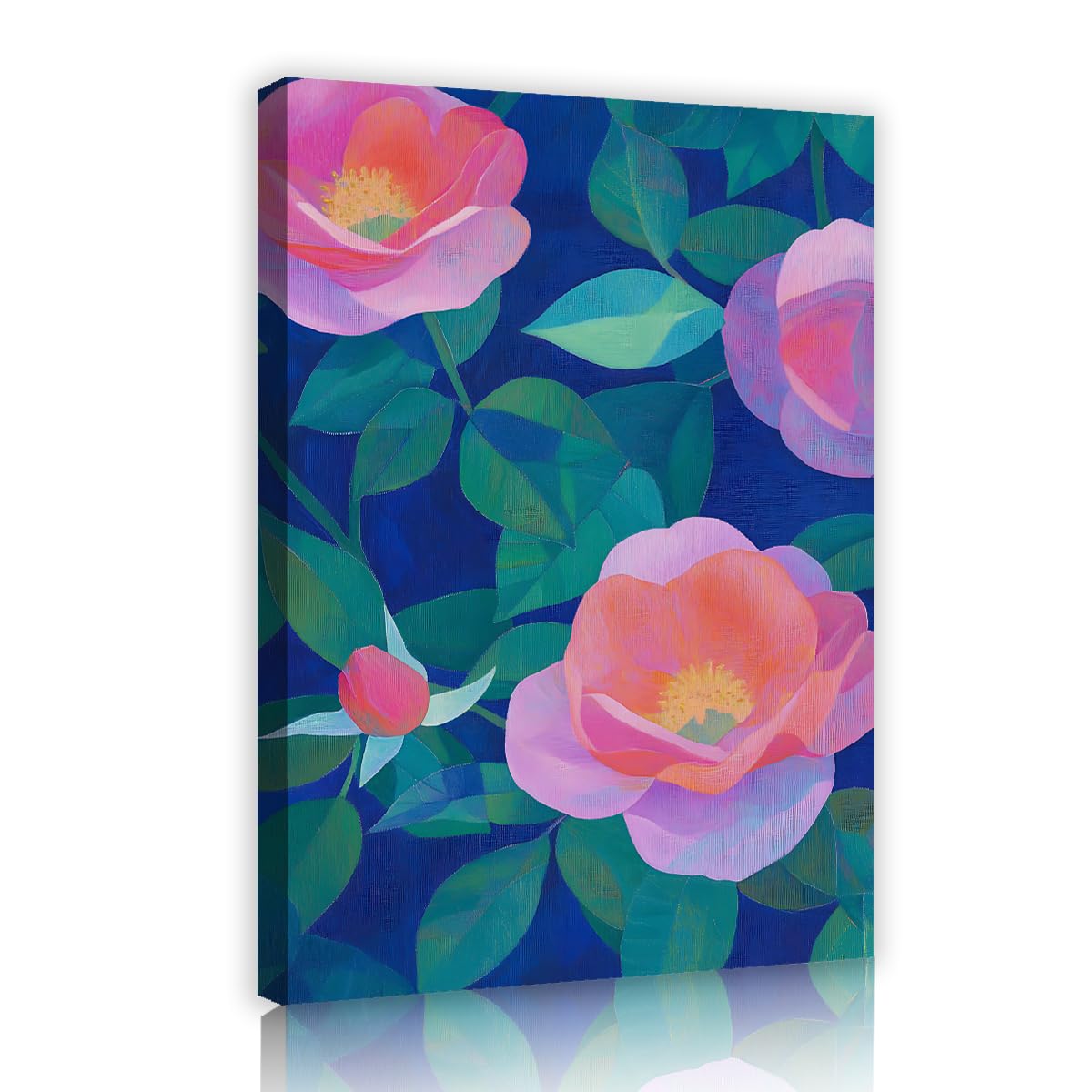 TOANGWALL Abstract Rose Peony Framed Canvas Wall Art Navy Blue Pink Camelia Flowers Botanical Green Leaves Picture Stretched Printed Poster for Bedroom Office Decor 60x90cm