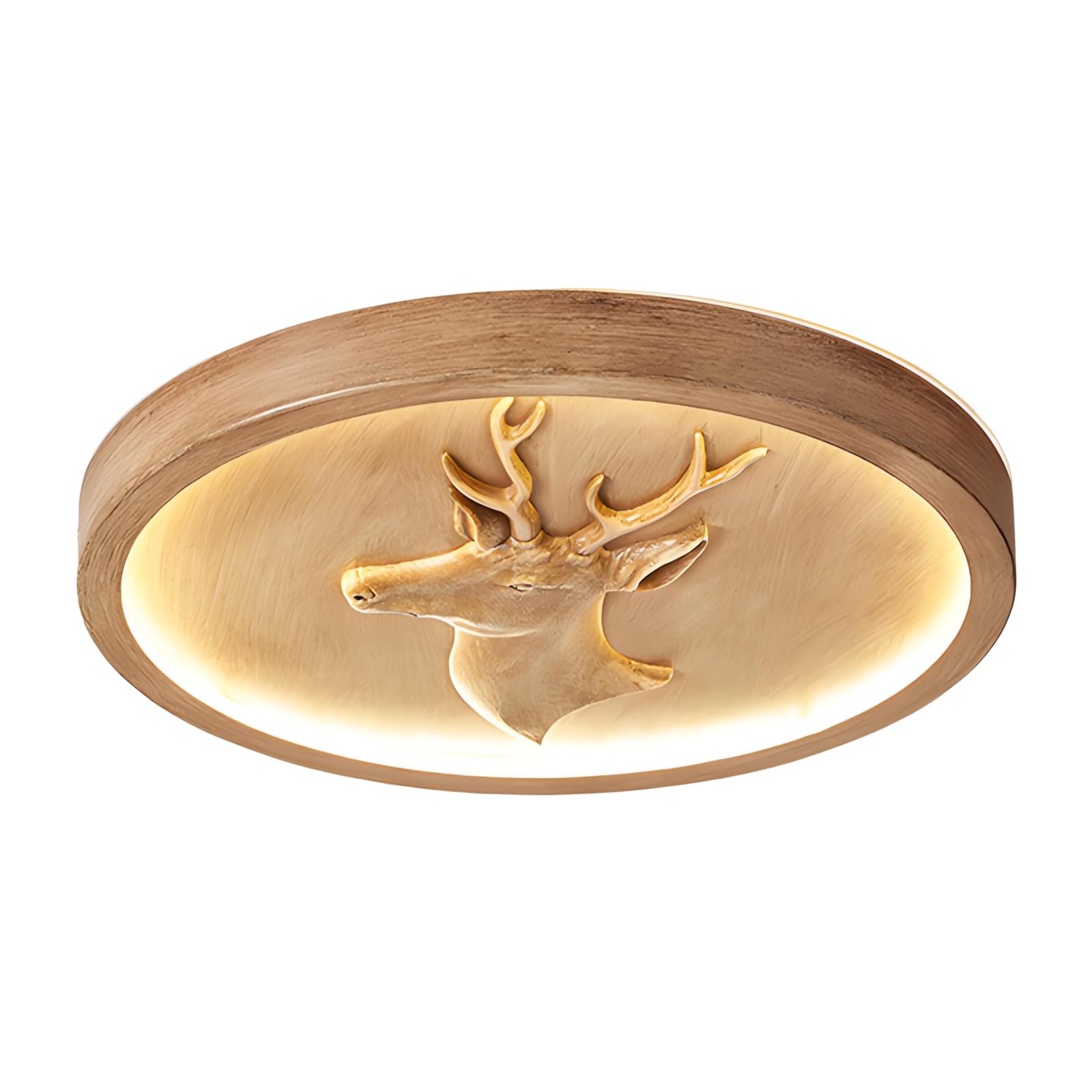 YNVIOZM Modern Wood Grain Flush Mount Ceiling Light, Mid-Century Round Close to Ceiling Lamp, Resin Carved Deer Head Design LED Lighting Fixtures for Bedroom, Kitchen, Hallway, Living Room