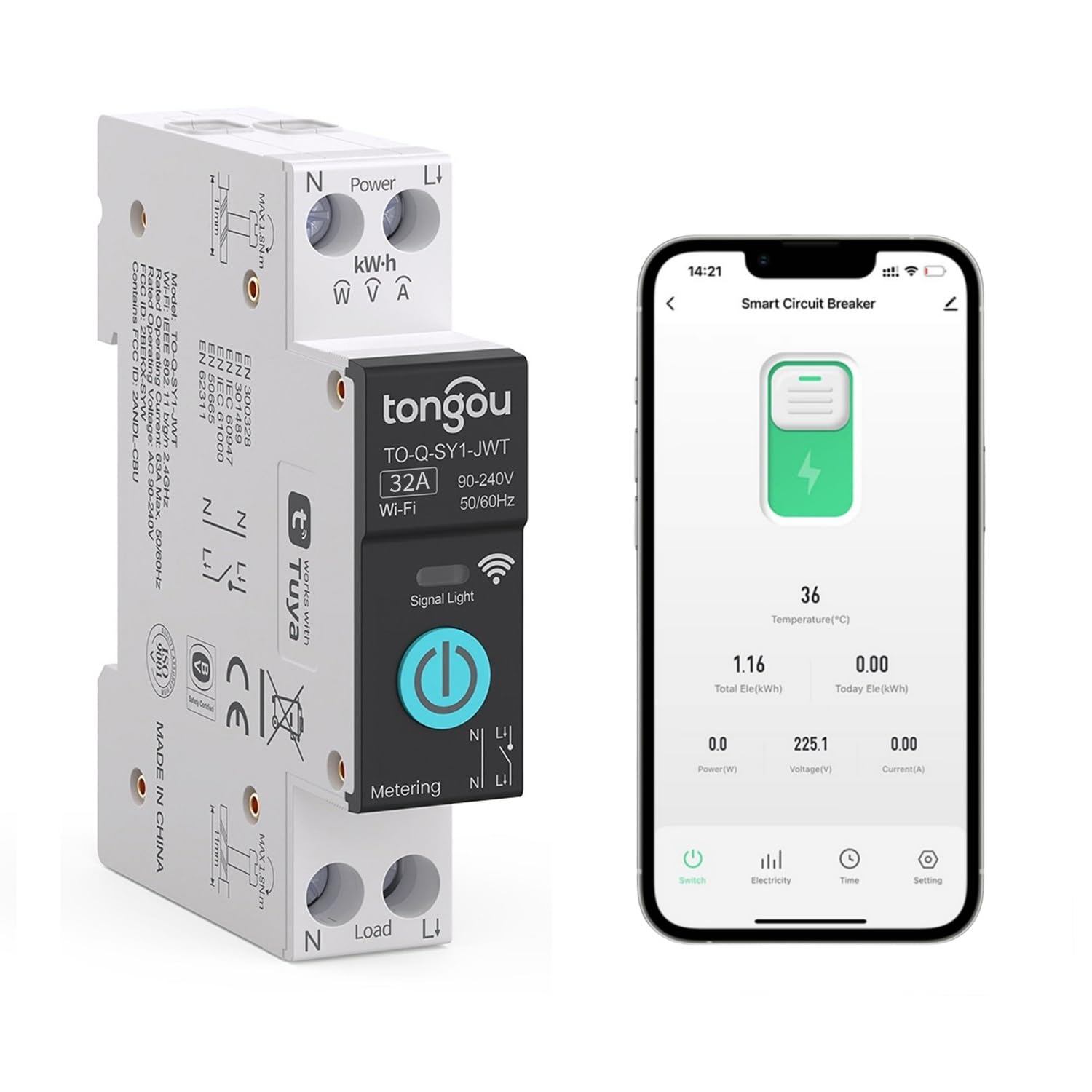 Interruptor Medidor Energia, Disyuntor Inteligente WiFi 1P Compatible con Alexa, Google Assistant, Smart Life, TUYA, Interruptor Inteligente DIY 32A con Control Remoto y Función de Tiempo