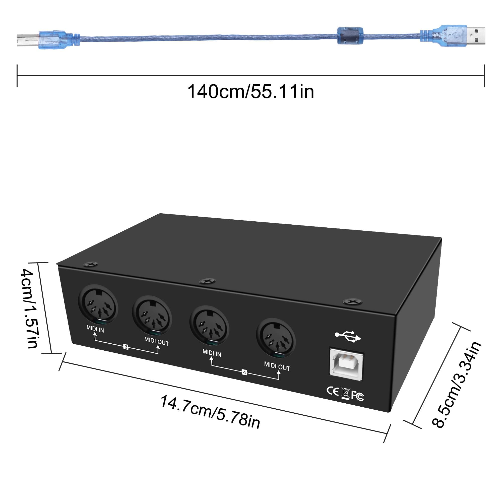 XMSJSIY USB MIDI Interface Box 4 In 4 Out 64 Canali MIDI Thru Box 4 * 4 Converter con Router Unire Splitter Thru Hub con indicatori LED per PC Mac e strumenti MIDI USB