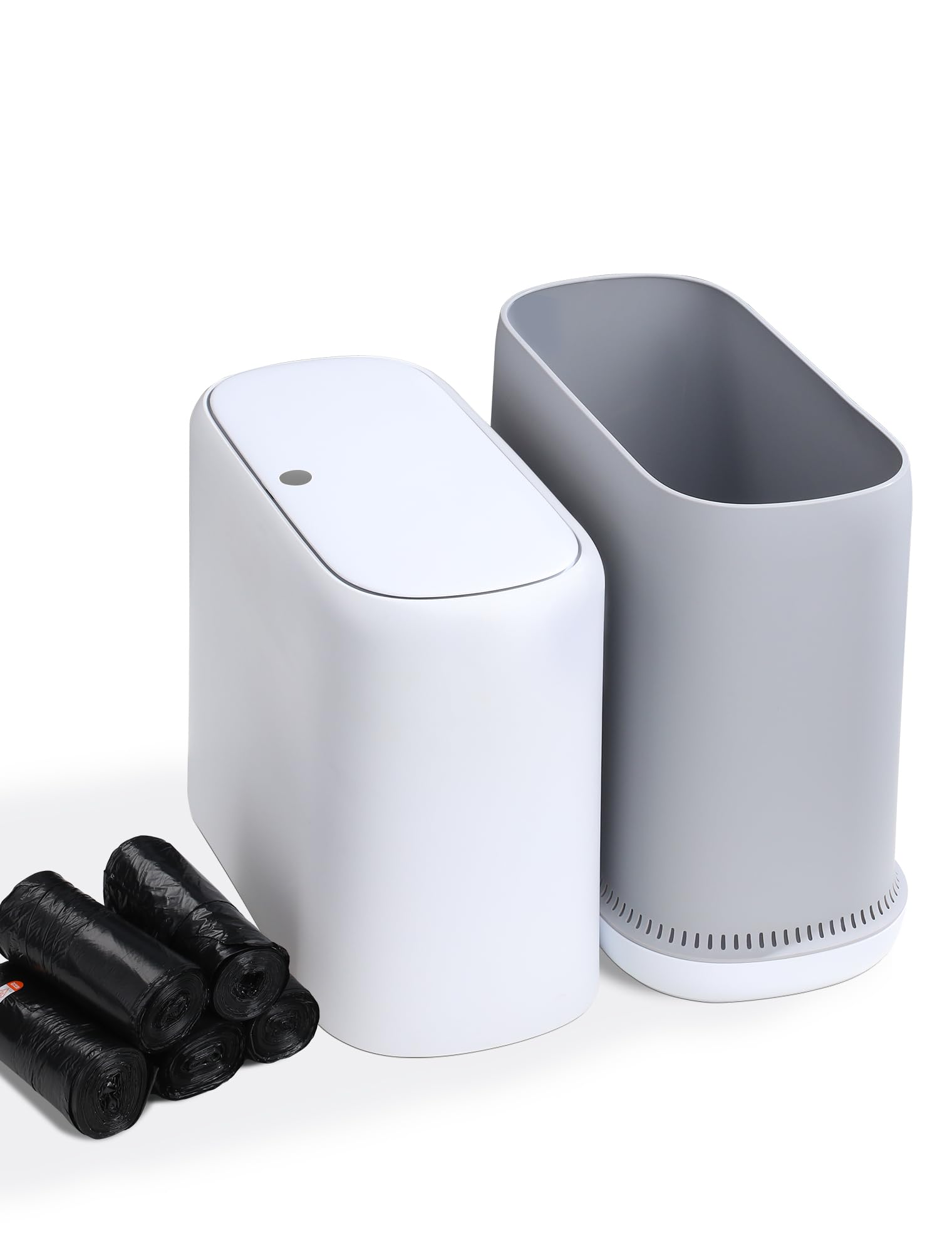 Photo 1 of LEGUO Dog Proof Small Bathroom Trash Can with Lid, Slim Press Top Garbage Can, Narrow White Plastic Waste Basket, for Bathroom Bedroom Office 4.8 Gal with 5 Rolls 75 Trash Bags