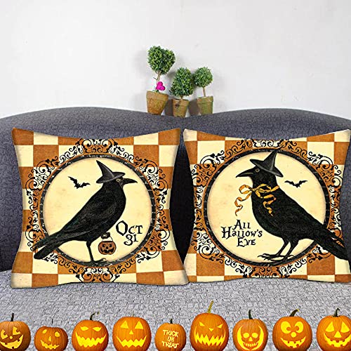 Halloween Decor Throw Pillow Covers 18X18 Set Of 2 Oct 31 Farmhouse Vintage Halloween Decorative Pillow Covers Halloween Crow Orange Plaid Pillow Cushion Covers For Home Holiday Sofa Chair Decor #TOP7