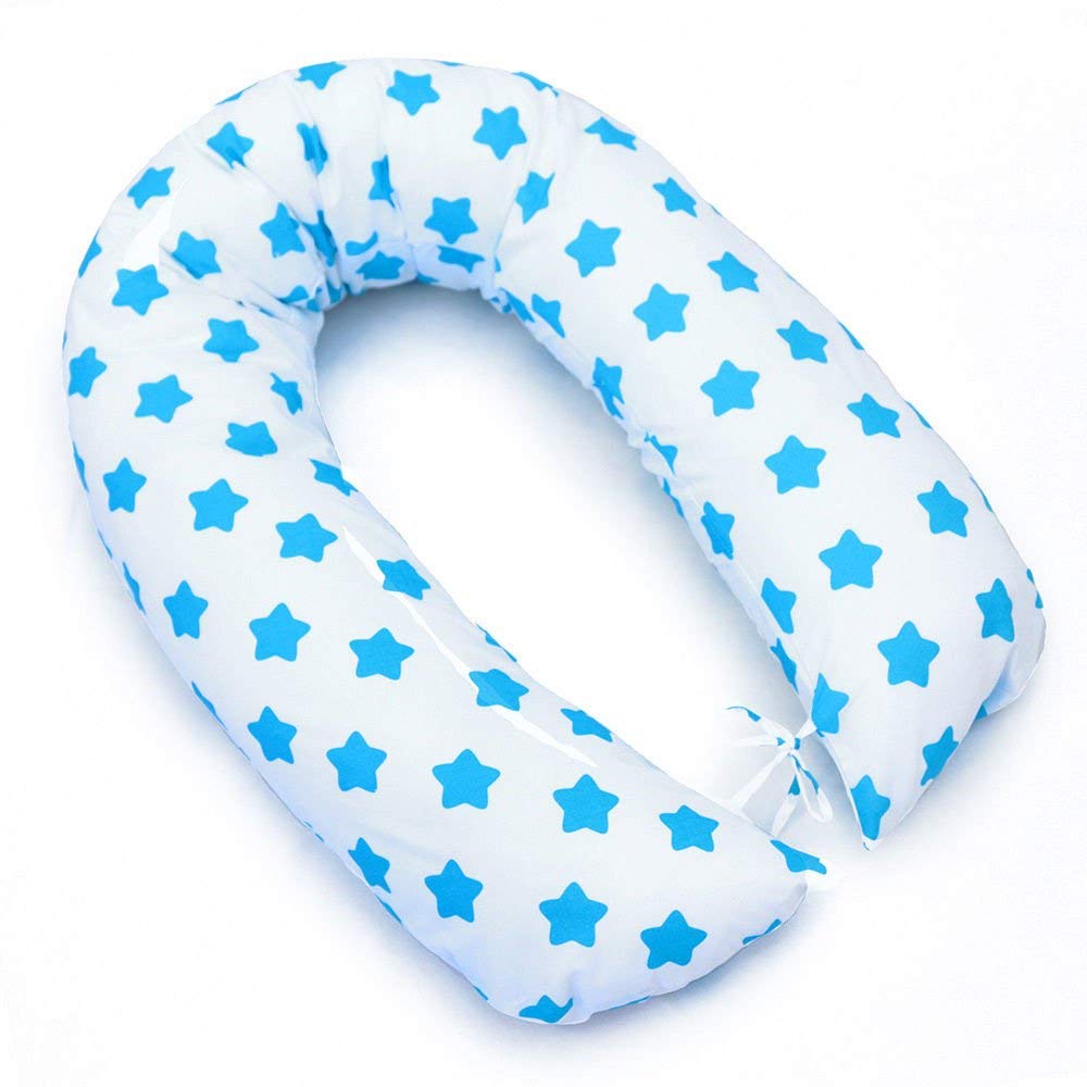 Babymam BREAST FEEDING PILLOW BABY NURSING MATERNITY PREGNANCY COTTON COVER 170CM (Big turquoise stars on white background)
