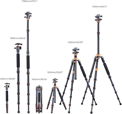 Miniatura 7 de K&F CONCEPT Trípode de cámara de fibra de carbono de 68 pulgadas, trípodes compactos con cabeza de bola de metal, placa de liberación rápida, 68"