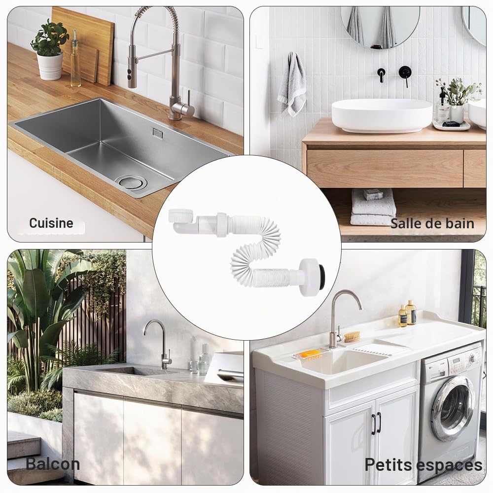 G1 1/4 zoll Siphon Lavabo Evier Cuisine Set, Siphon Plastique Gain de Place, Syphon Salle, Evacuation Evier Adaptable en à l'épreuve des Odeurs, Tuyau de Vidange Flexible Universel pour Salle