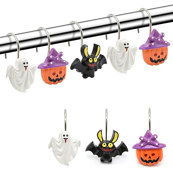 Shower Curtain Hooks, Halloween Decorative Shower Curtain Rings, 12PCS Rust Resistant Metal Shower Hooks for Bathroom, Glide Shower Rings for Shower Curtain and Liner (Halloween)