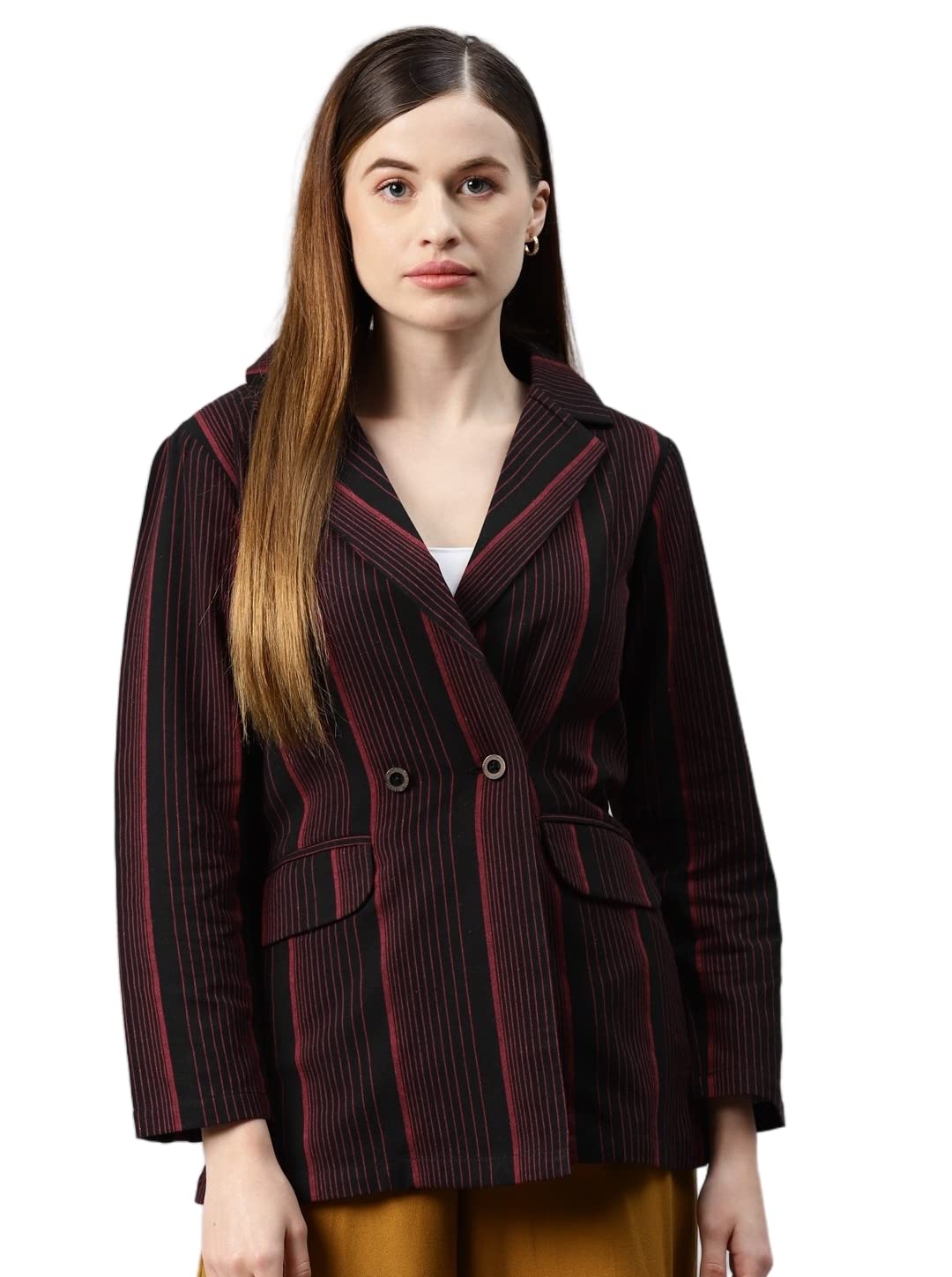 cottinfab Women Black & Red Striped Double-Breasted Blazer-picture-27