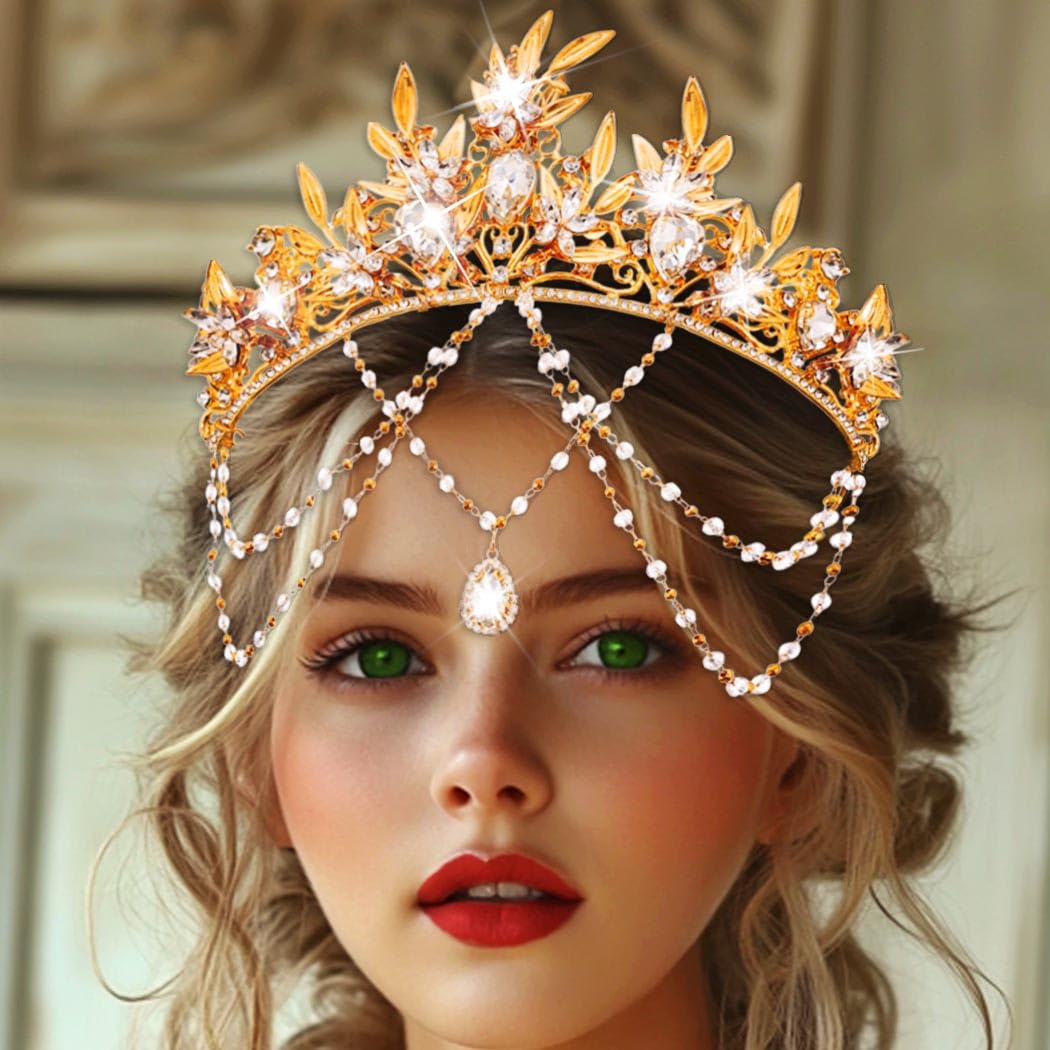 Kilshye Gold Leaf Crowns and Tiaras Crystal Wedding Headpiece Bridal Headband for Women