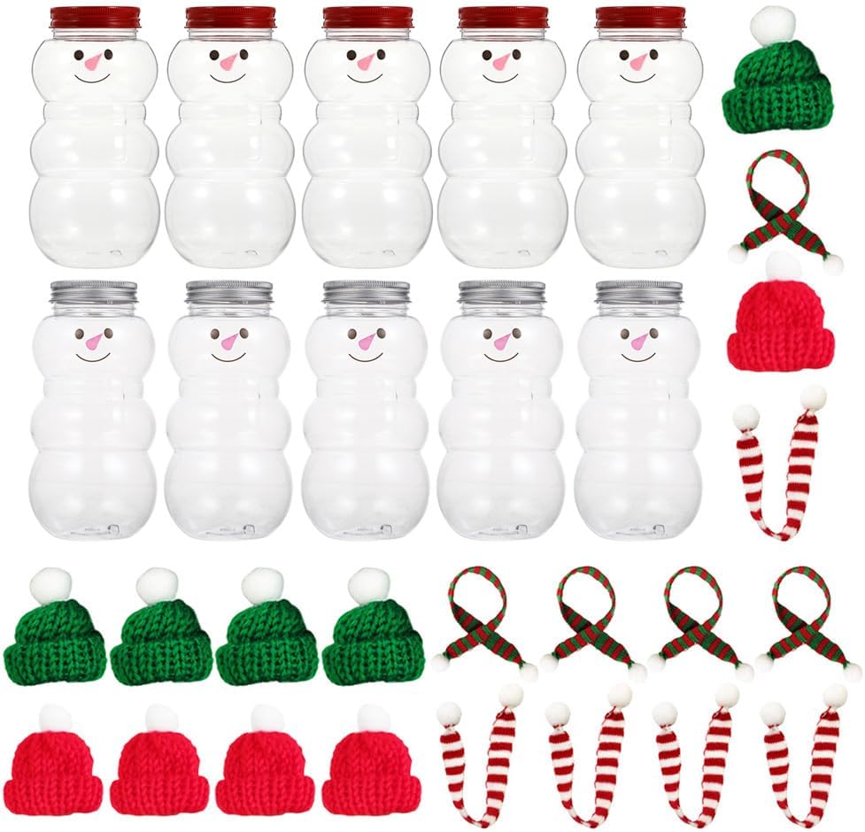 PRETYZOOM 10 Sets Snowman Juice Bottles with Lid Clear Christmas Plastic Candy Jar with Knitted Scarves Hats Reusable Snowman Candy Jars Christmas Party Favors