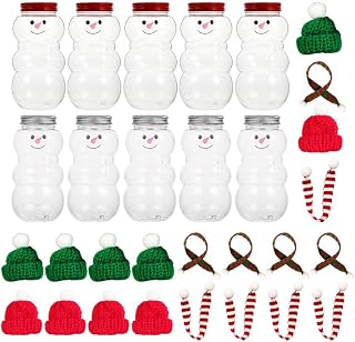Happyyami 10 Sets Snowman Plastic Juice Bottles Clear Christmas Candy Jar Empty Reusable Water Bottles for Smoothies Milk Beverages Party Supplies with Mini Scarf and Hat 500ml