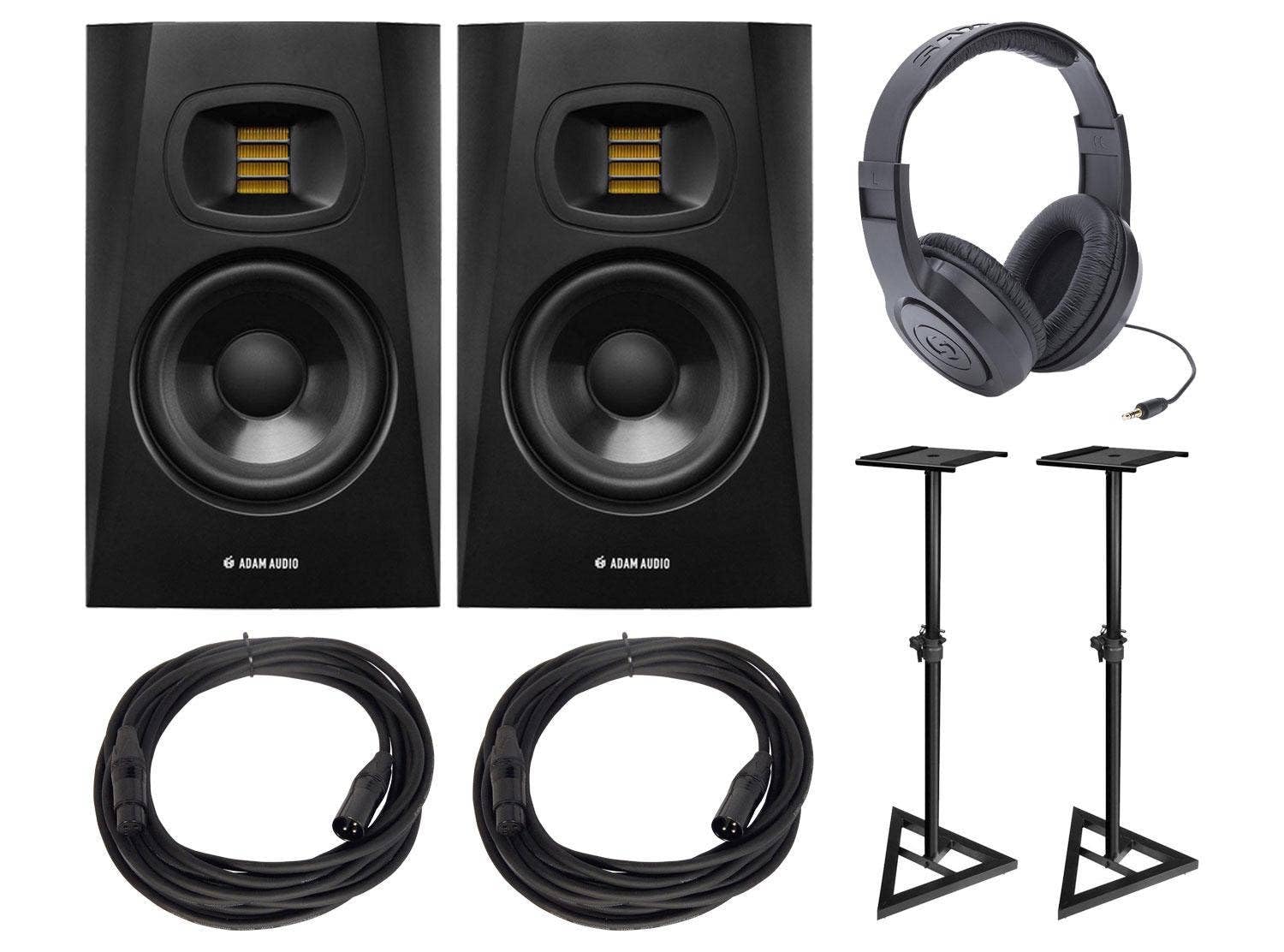 T5V Studio Monitors with Headphones, Stands, and Microphone Cables