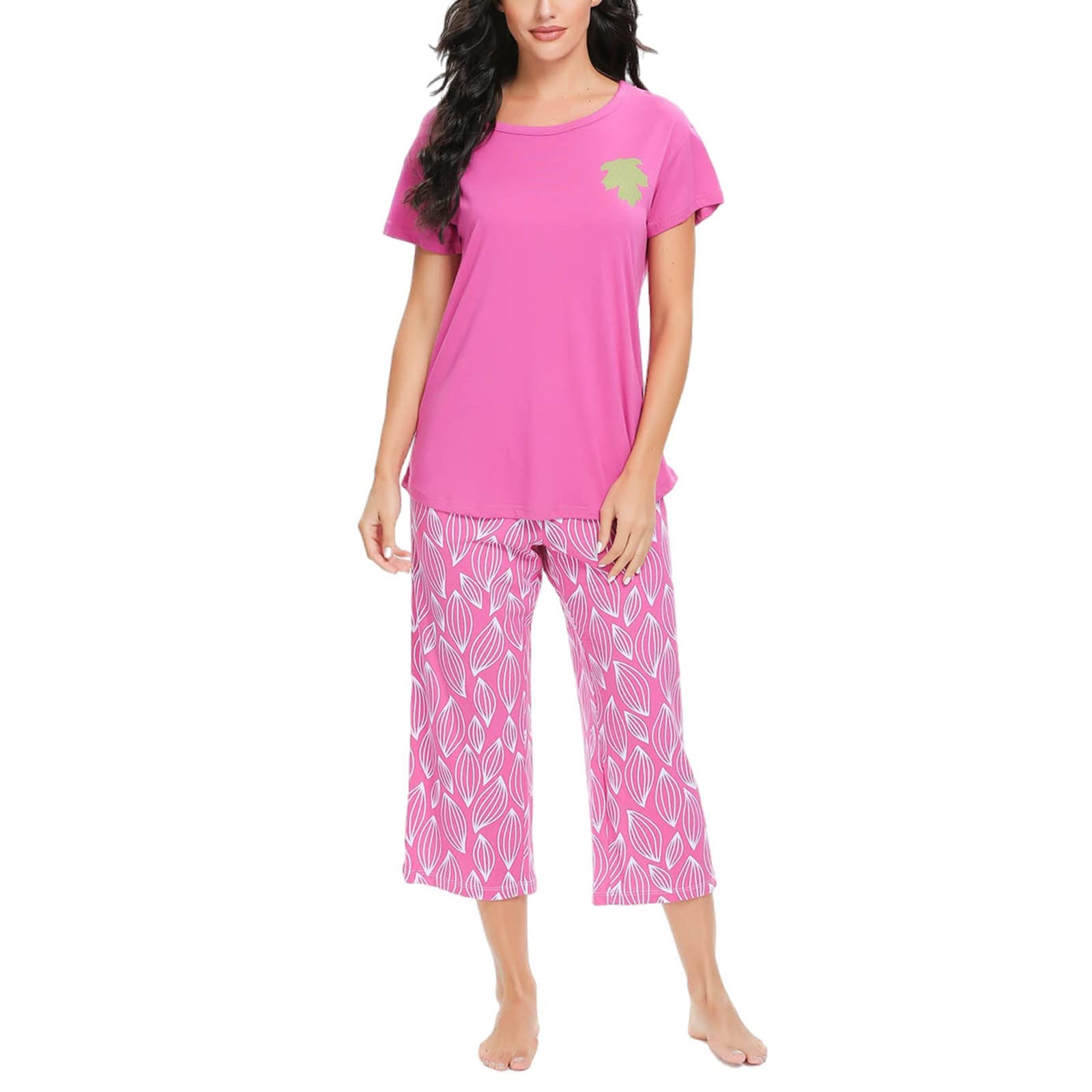 TugegeWomens Pajama Sets Short Sleeve Sleepwear Tops with Capri Pants Fun Printed 2 Piece Lounge Pjs Set