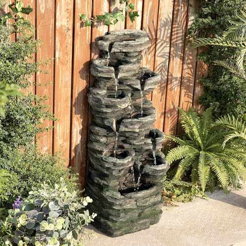 Image of Glitzhome Outdoor Water Fountain, 9-Tiered Rock Floor Fountain with Cascading Water, 39.25 inch H Polyresin Waterfall Fountain with Pump and LED Light Outdoor Water Feature for Garden Yard Patio Porch