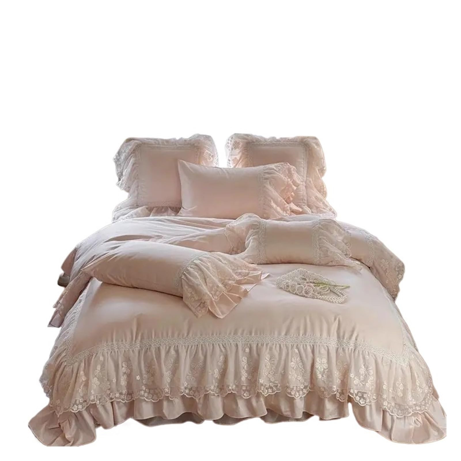GCYEIDMA Ruffle Duvet Cover Cotton Lace Ruffles Wedding Style Bedding Set Duvet Cover Flat/Fitted Bed Sheet Pillowcases 4Pcs(Color 1,FITTED BED SHEET_KING 220X240CM 4PCS)