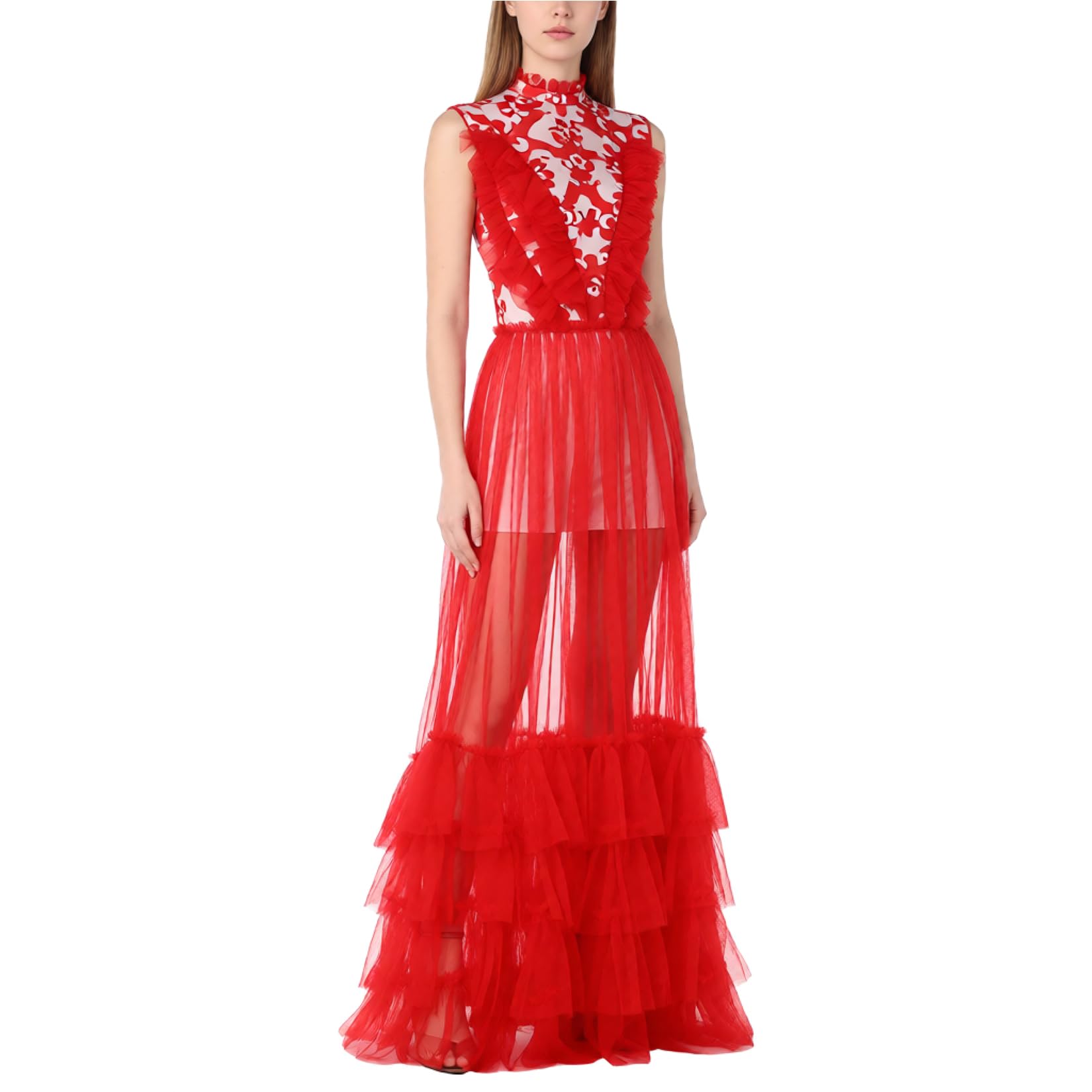 BPURB Women High Waist Sheer Mesh Ruffle Tiered Maxi Skirt See-Through Wedding Party Prom Beach Tulle Tutu Long Skirt Cover-Up