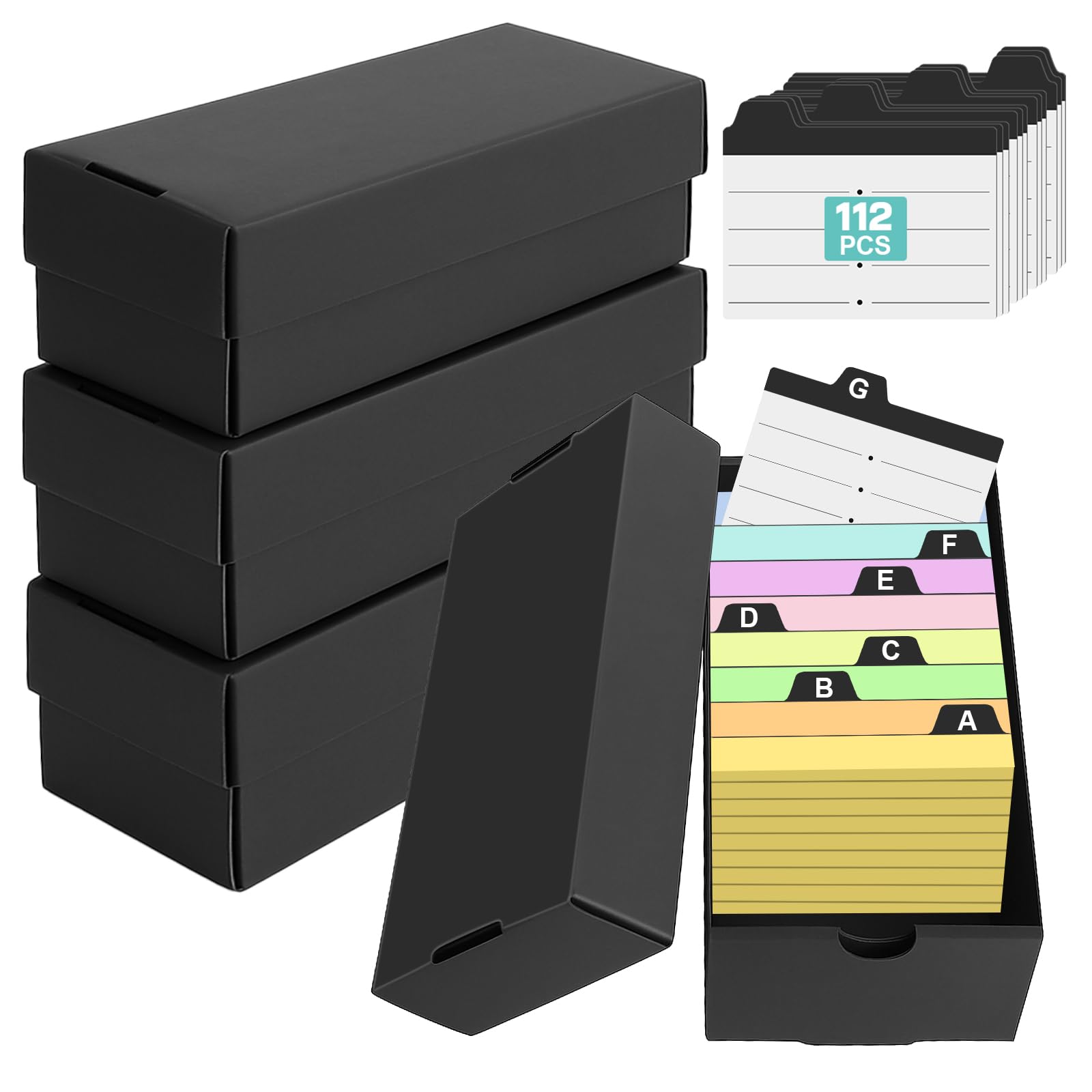 4Pcs Caja para Flashcards A8 con 112 Fichas A Rayas, para Tarjetas Estudio 52 x 74mm, Capacidad 980 Fichas, Caja de Aprendizaje Negra para Notas Recetas, Organización en Escuela y Oficina