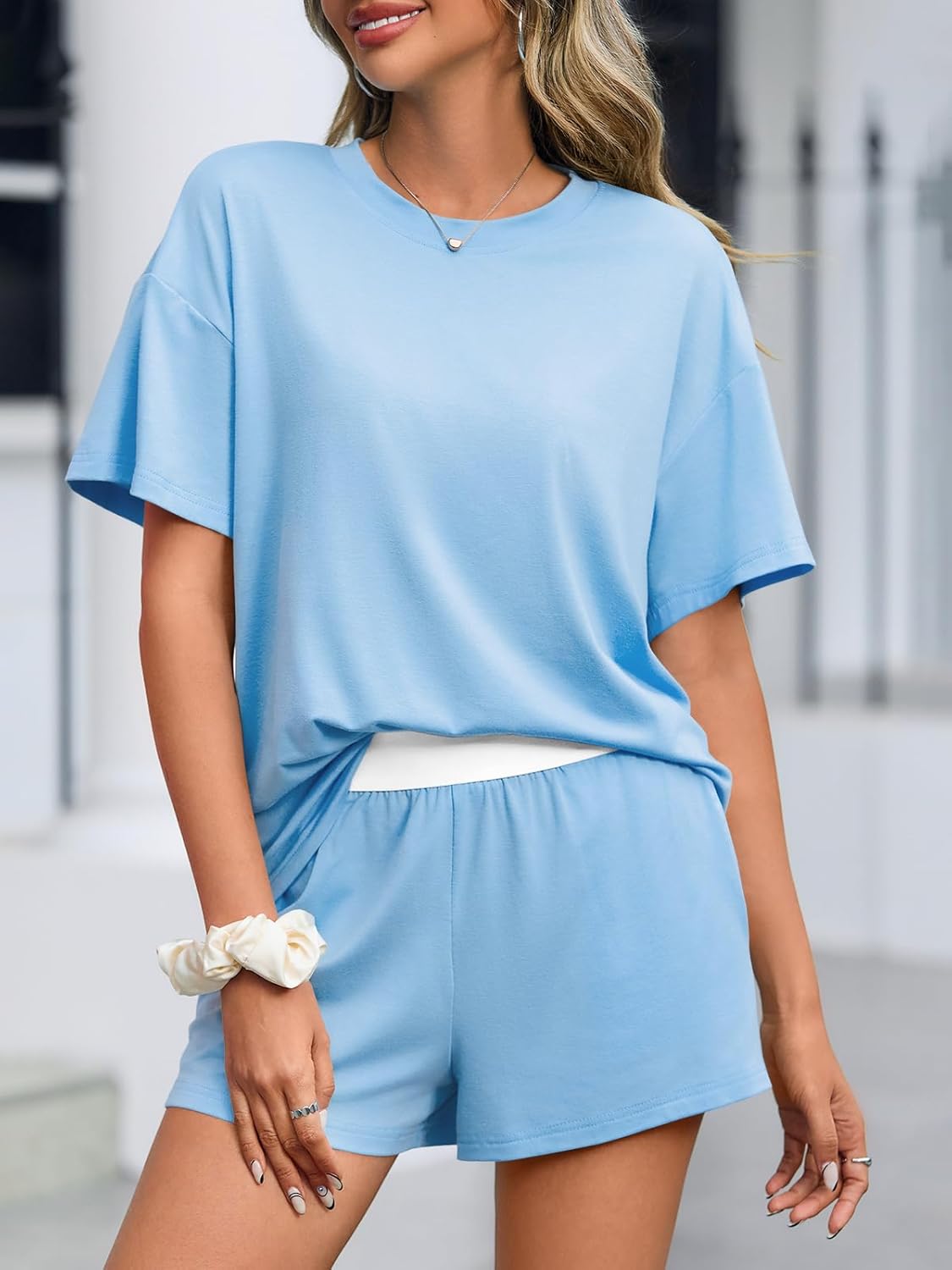 Tankaneo Womens Short Sets 2 Piece Summer Vacation Outfits Short Sleeve T-shirts Elastic Waist Shorts Matching Set - Image 2