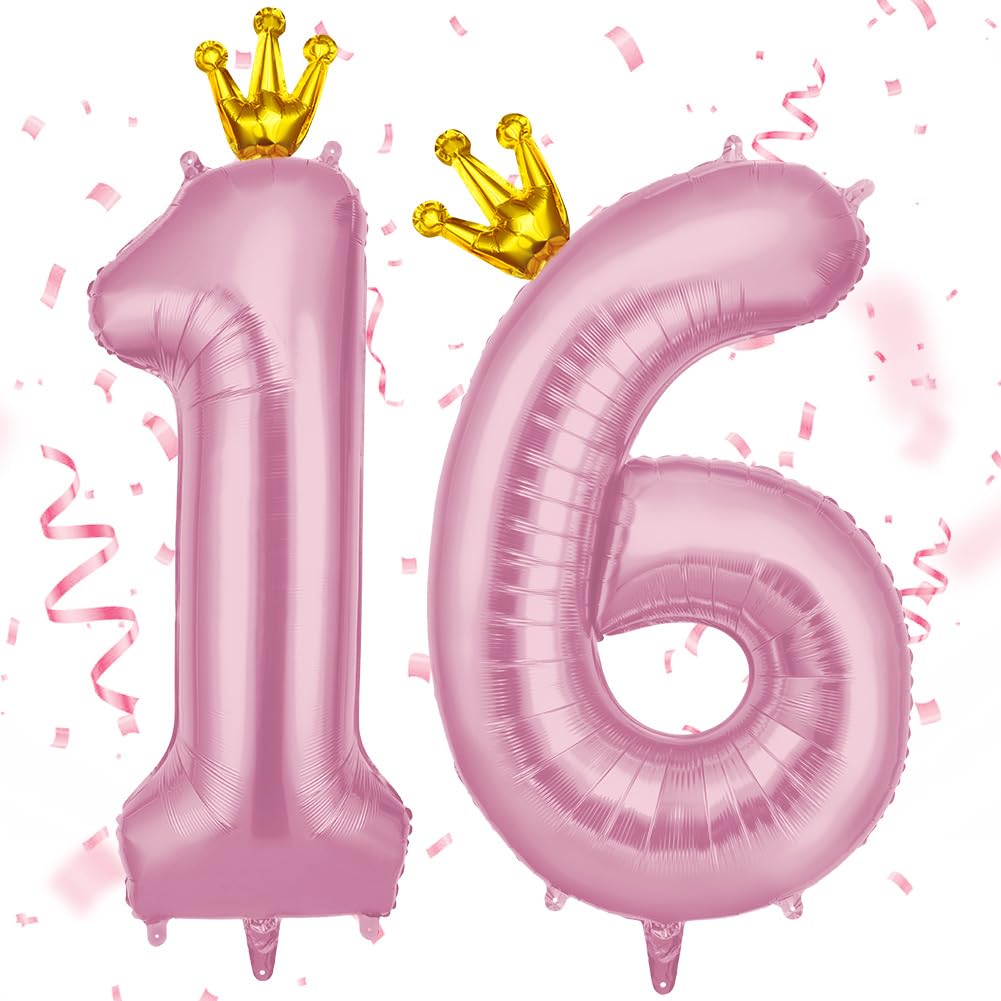 AOOSU Zahlen Luftballon 16 Rosa, 40 Zoll Folienballon 16 Geburtstag Helium Ballon 16, 101cm Luftballon Rosa Zahlenballon 16 Ballon mit Krone für Jahrestag Dekorationen Mädchen Geburtstag Party