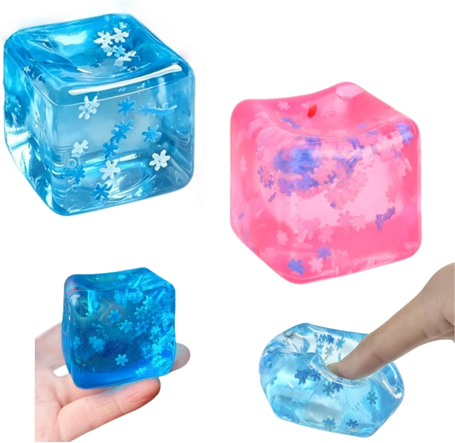 2Pcs Ice Cube Stress Balls, Pink Blue Squishy Fidget Cube Toys Soft Sensory Squeeze Toys Stress Anxiety Relief Fidget Toys