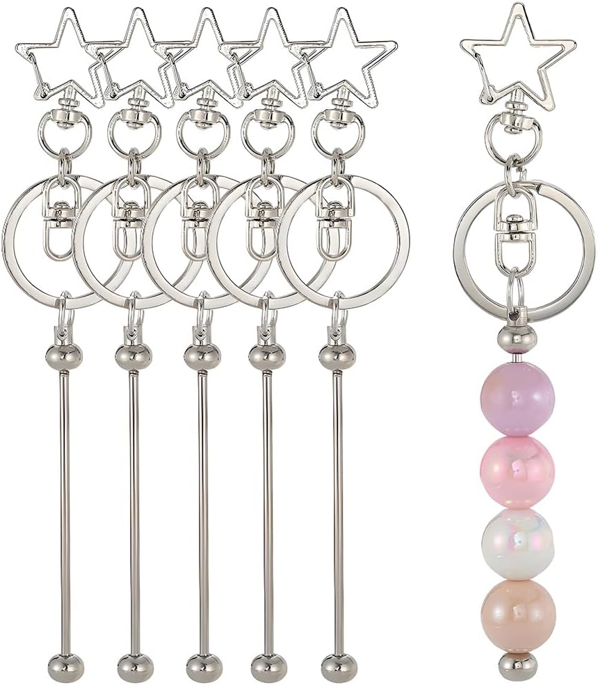 SUNNYCLUE 20Pcs DIY 10 Sets Beadable Keychains Keychain Bead Blanks Beaded Key Chain Bar Star Swivel Buckle Clip Silver Swivel Lobster Claw Clasps Hooks for Jewelry Making Charms Craft Gift Supplies