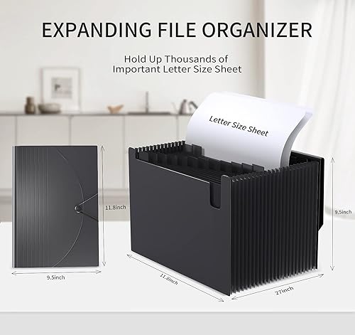Miniatura 4 de Carpeta de archivos expansible, organizador de archivos de acordeón, 24 bolsillos, organizador de documentos tamaño carta, caja de archivo Negro