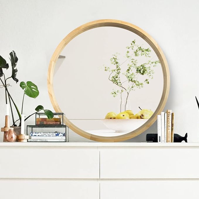 鏡 壁掛け おしゃれ 通販 丸 ミラー 銀引き鏡 天然木 Acoustic アコウスティック ウッドウォールミラー 木枠 壁掛けミラー ナチュラル 円形 丸型 木目 大割引