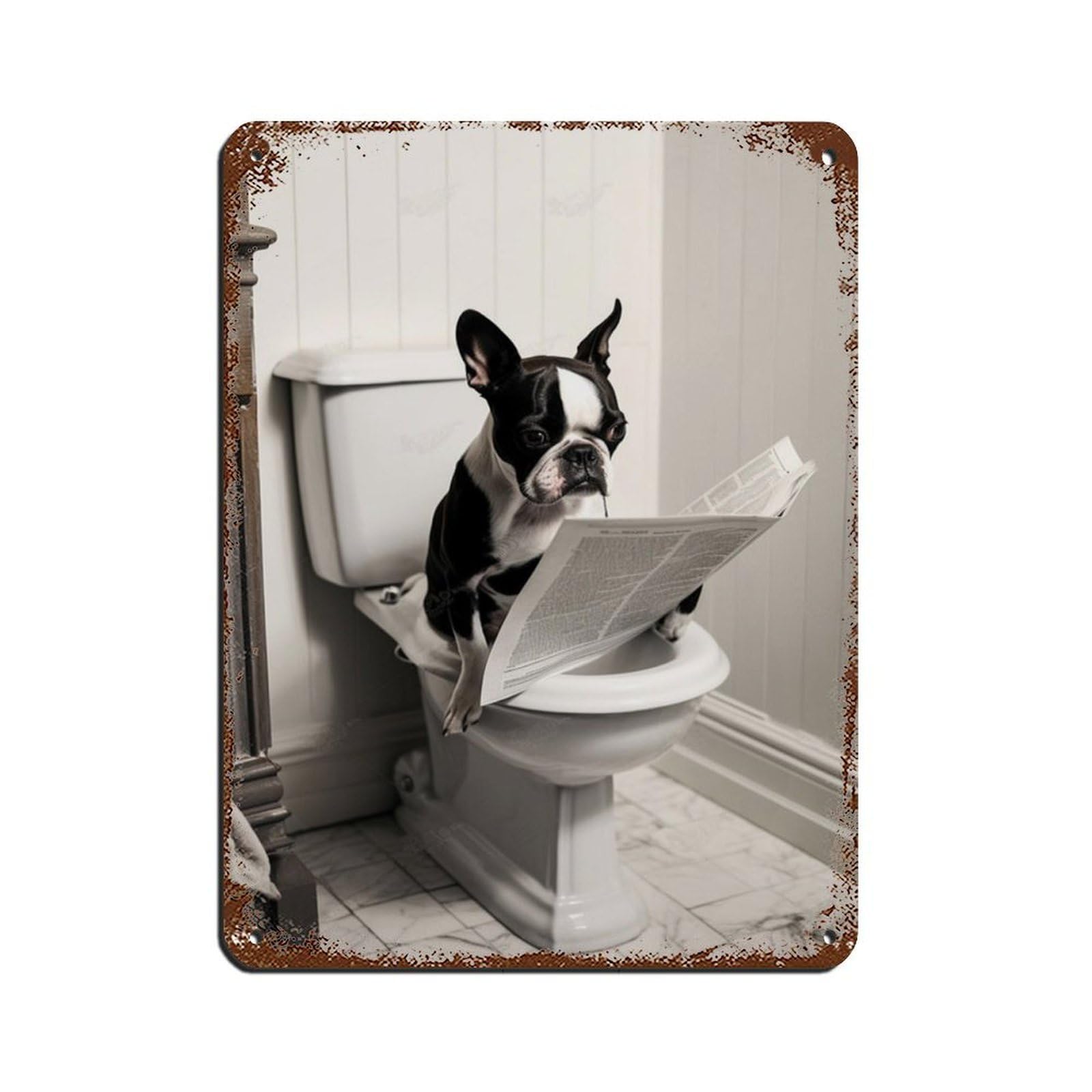 Boston Terrier on Toilet Reading The Newspaper Tin Sign Vintage Metal Pub Club Cafe Bar Home Wall Art Decoration Poster Retro 12x16inch(30x40cm)