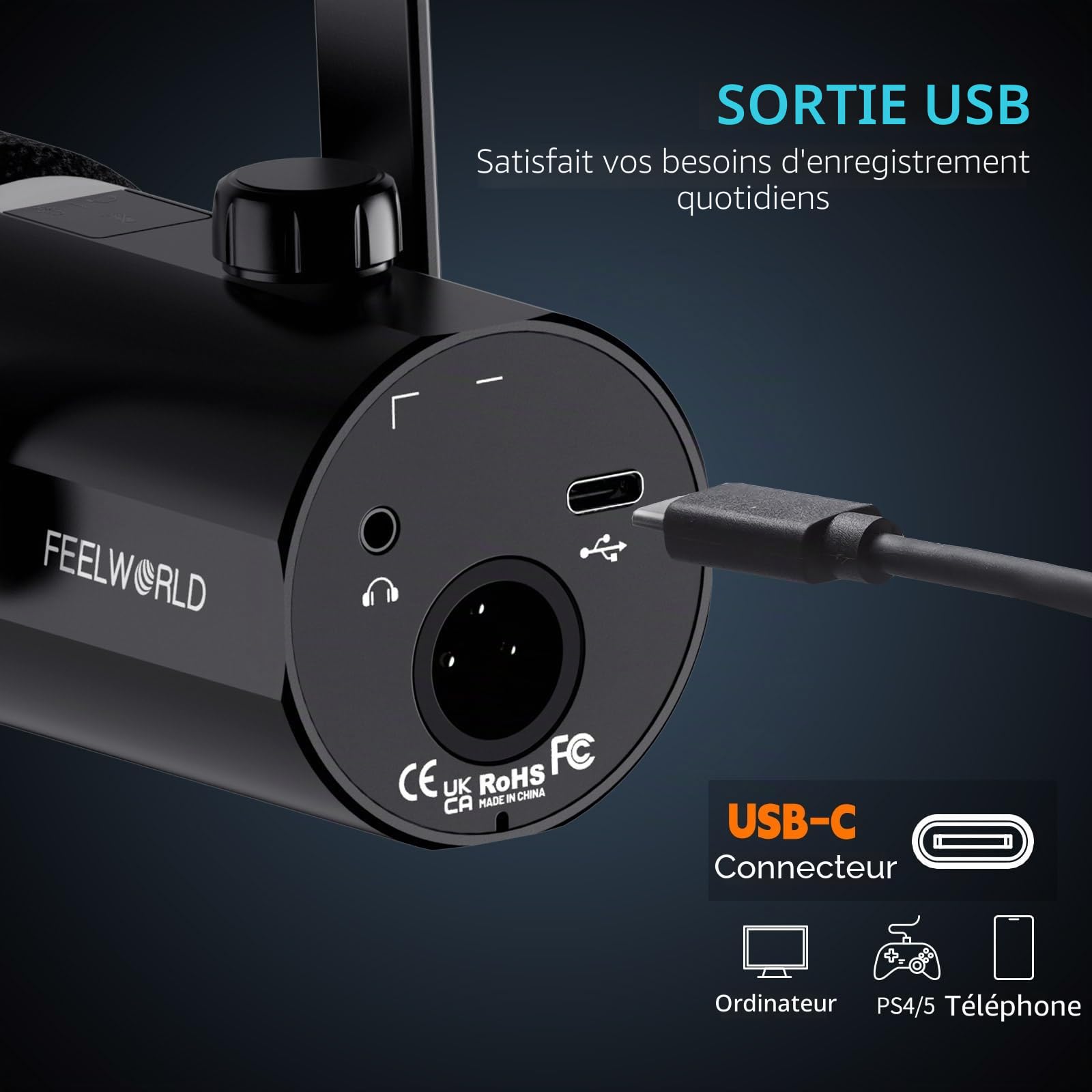 FEELWORLD PM1-AS USB/XLR Streaming Micro Gaming pour PC PS4 PS5, RGB Cardioïde Dynamique Microphone avec Support, pour Gaming, Podcasting, Broadcasting