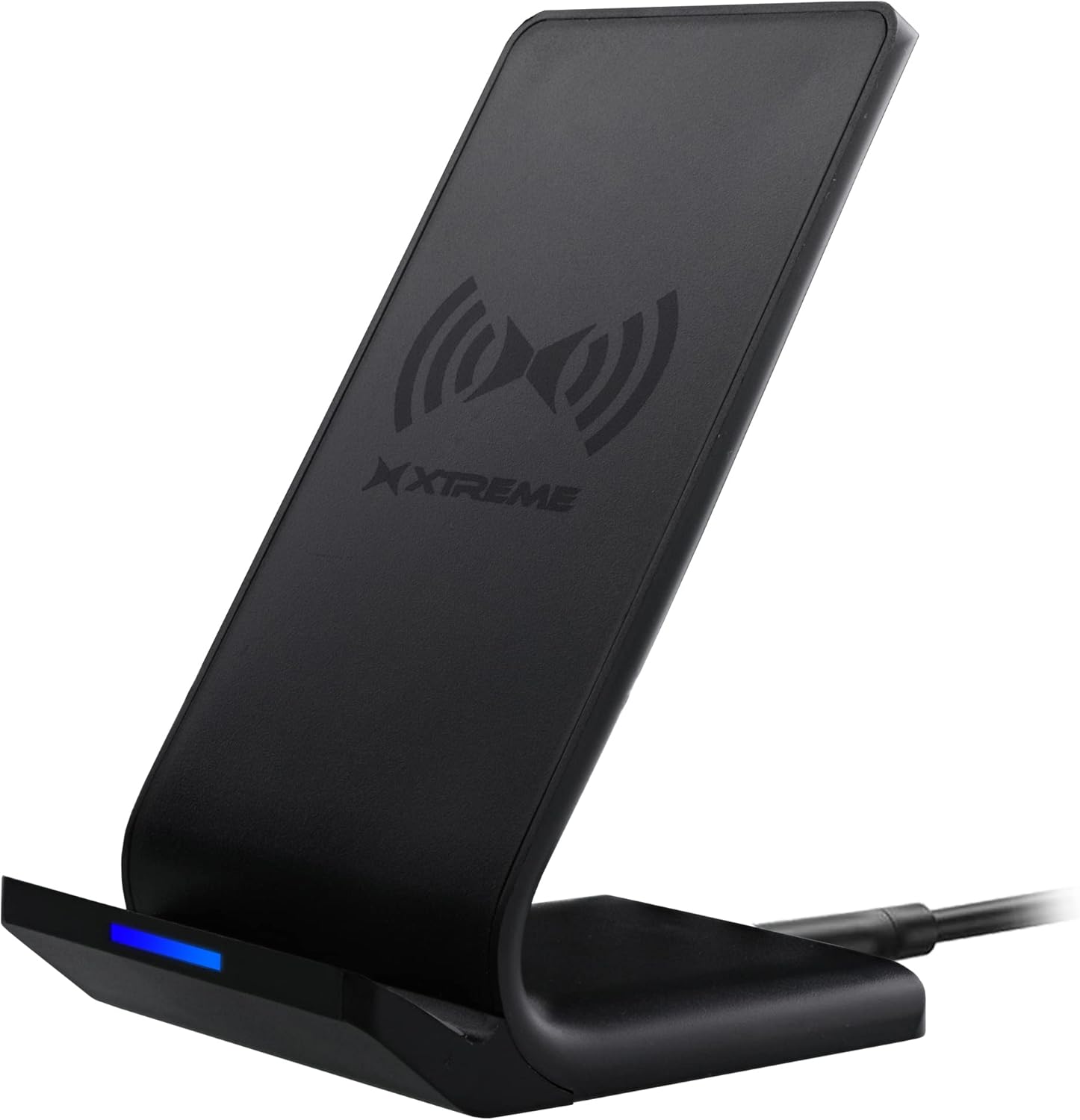 The Xtreme wireless charging stand from a side angle, showing the USB cable connected.