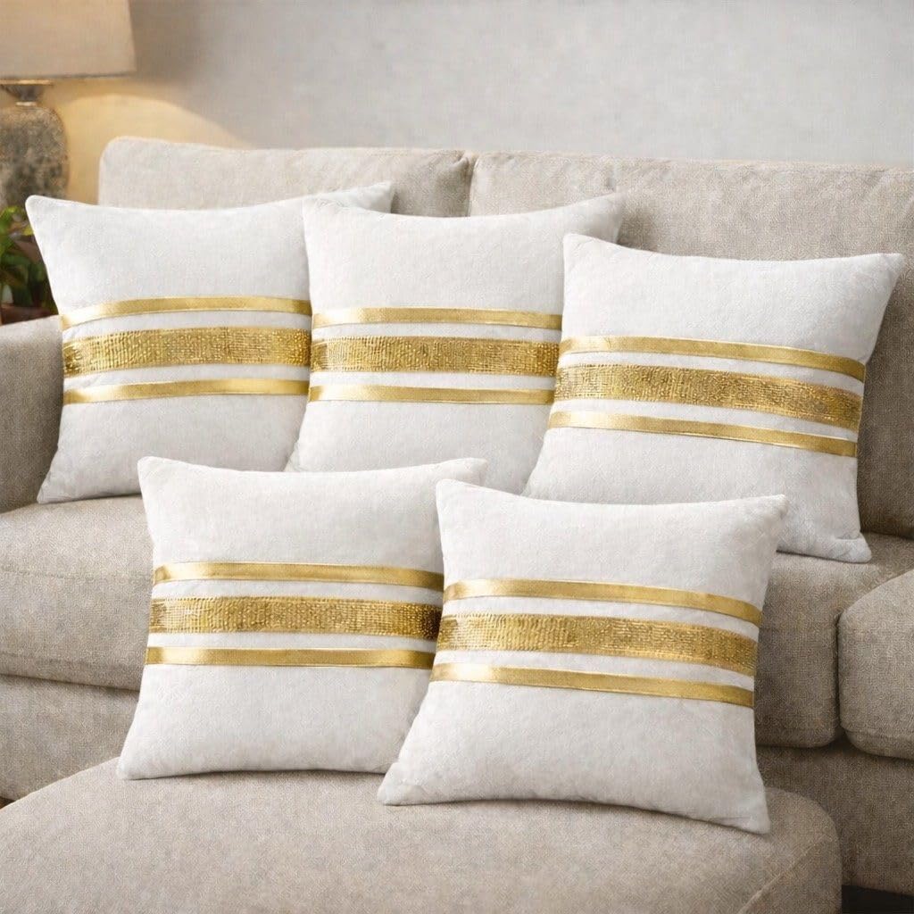 Safaan Velvet Cushion Cover 16x16 Inch Set of 5 | Golden Lace Striped Decorative Pillow Covers with Zipper | Soft Velvet Sofa Cushion Case for Living Room Bedroom (White)-image-47