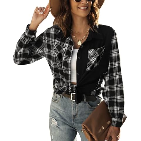 Hotouch Damen Baumwolle Vintage Kariertes jeanshemd Damen Trachtenbluse Kurzarm Karohemd Cover