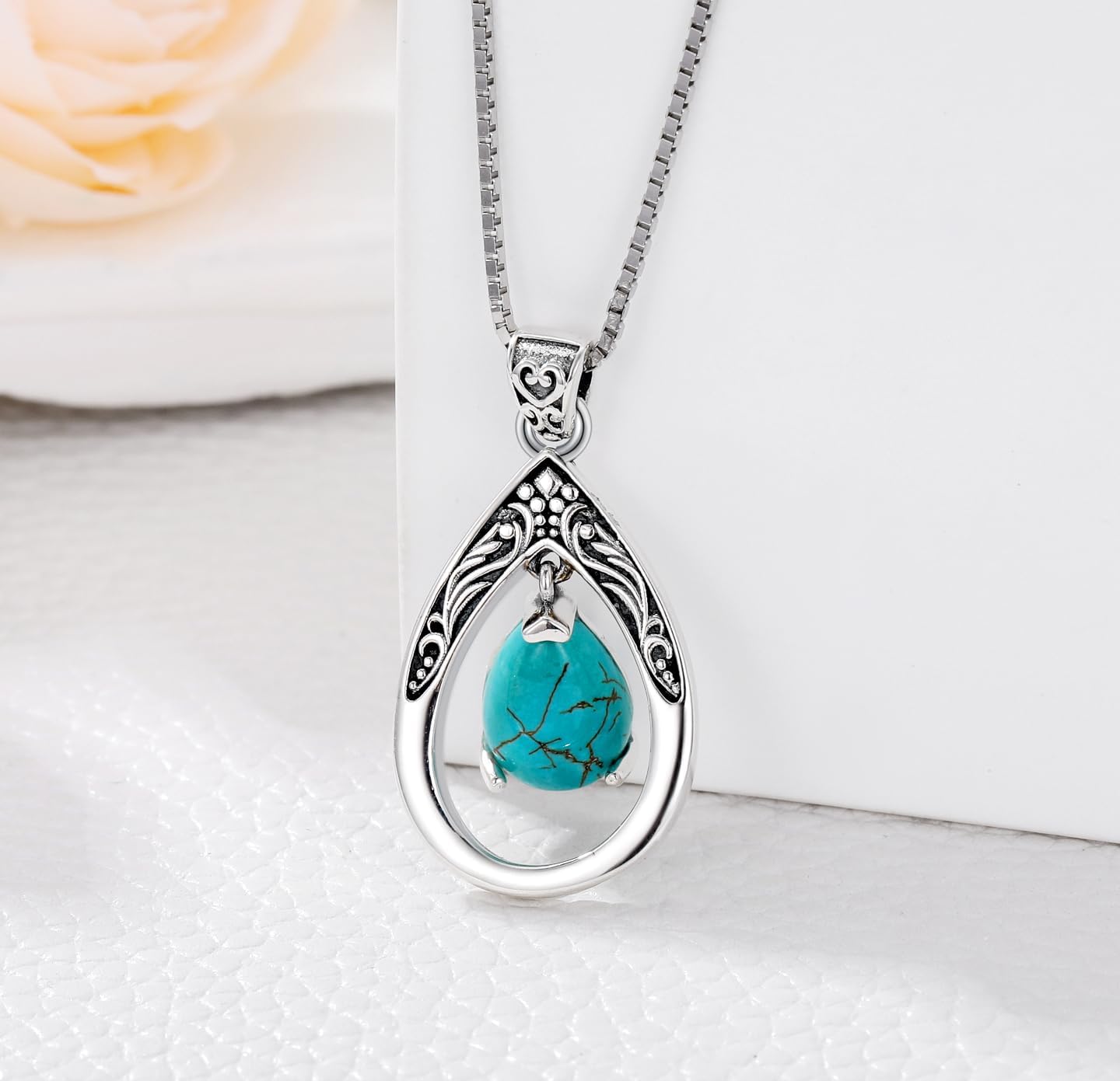 Genuine Turquoise Teardrop Pendant Necklace, Sterling Silver Vintage Native American Jewelry Birthdays Gift for Women - Image 6