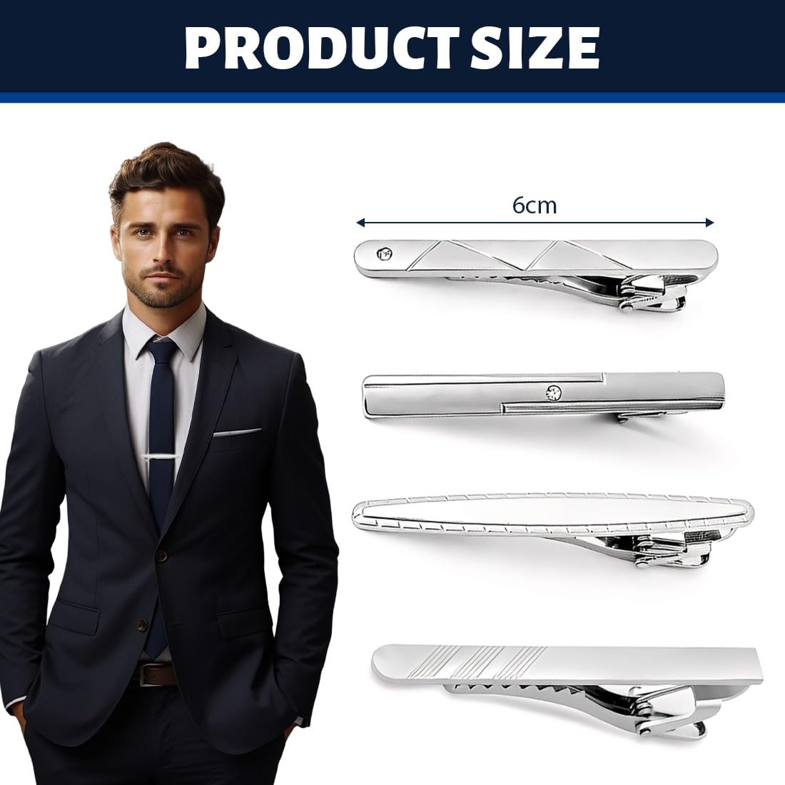 Set di 4 Fermacravatta Uomo in Metallo Colore Argento, Fermacravatte Eleganti per Matrimonio Business e Uso Quotidiano