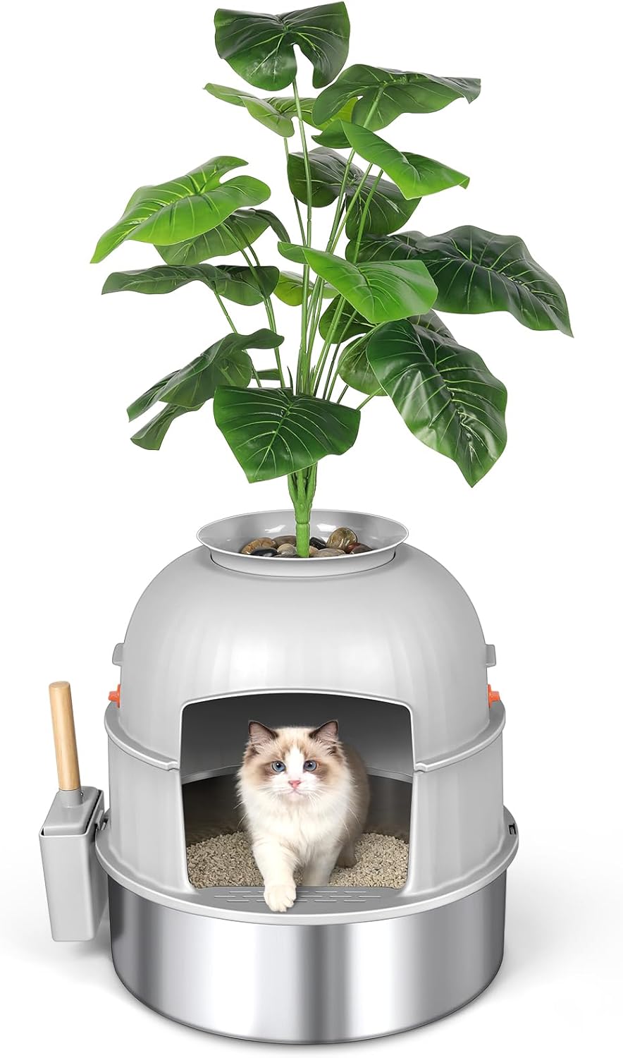 Hidden Cat Litter Box Enclosure with Artificial Plant, Stainless Steel Litter Box Furniture, Decorative Round Planter Includes Scoop, Pebbles, Carbon Filter, Easy to Clean (Light Grey)