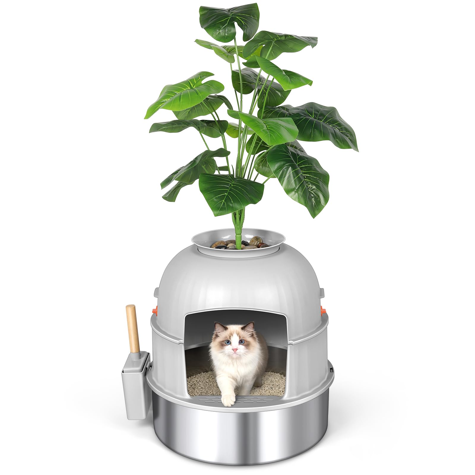 Hidden Cat Litter Box Enclosure with Artificial Plant, Stainless Steel Litter Box Furniture, Decorative Round Planter Includes Scoop, Pebbles, Carbon Filter, Easy to Clean (Light Grey)