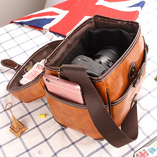 Topixdeals Vintage Leather Camera Bag, Dslr Shoulder Camera Bag With Removable Inserts, Waterproof Shockproof Camera Case For Canon, Nikon, Sony, Pentax, Olympus, Panasonic, Samsung (Brown) #TOP3