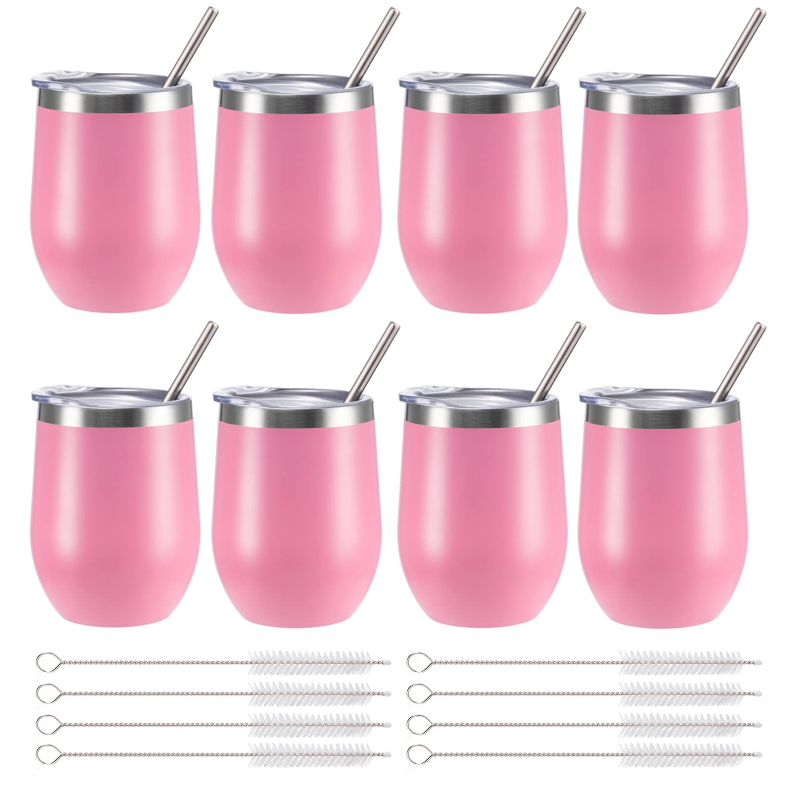 Isolierter Weinbecher mit Deckel und Strohhalm, Edelstahl, ohne Stiel, doppelwandig, Vakuum-Weinbecher, Becher für Kaffee, Champaigns, Bier, Cocktail, Büro, 340 ml, Rosa, 8 Stück