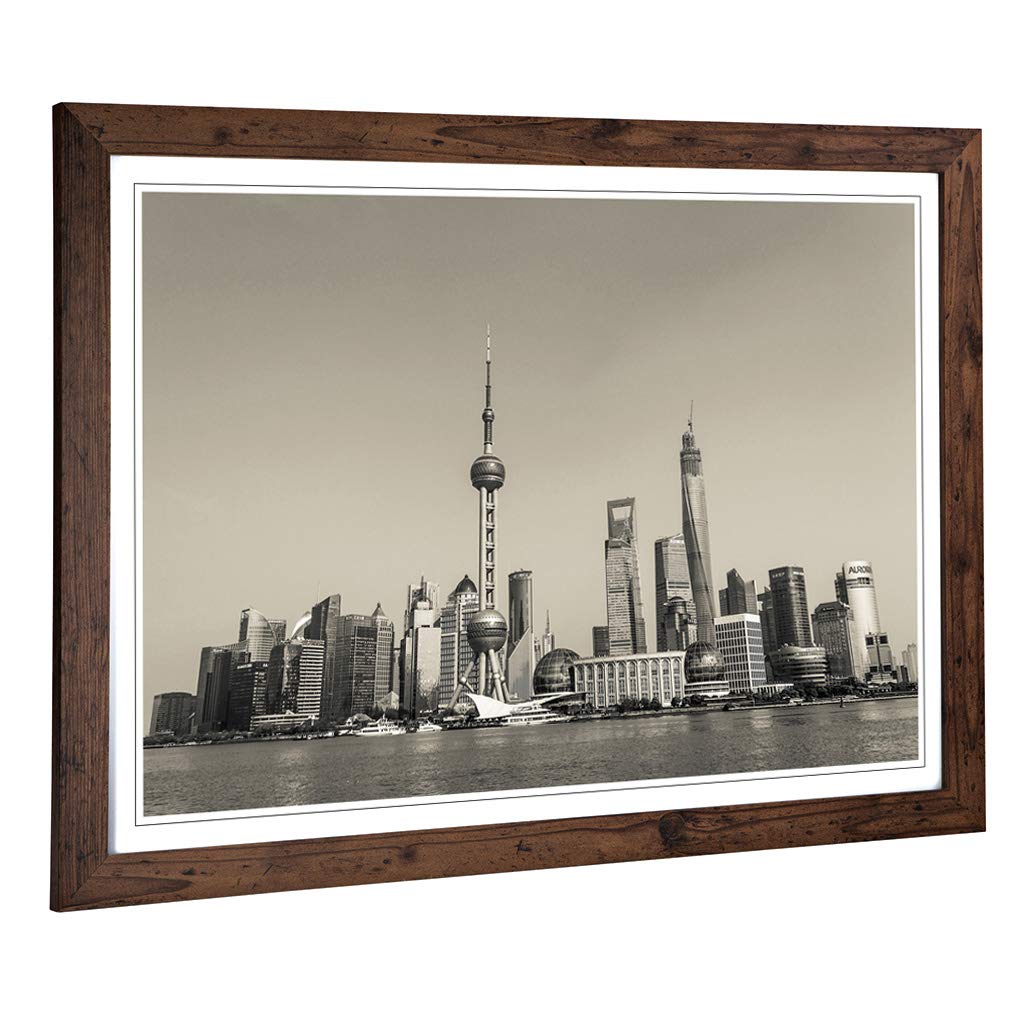 Big Box Art Framed Print of Shanghai China Skyline (4) Design | Wall Art Picture | Home Decor for Kitchen, Living, Dining Room, Bedroom, Hallway, Office, Walnut, A2 / 24.5x18 Inch / 62x45cm