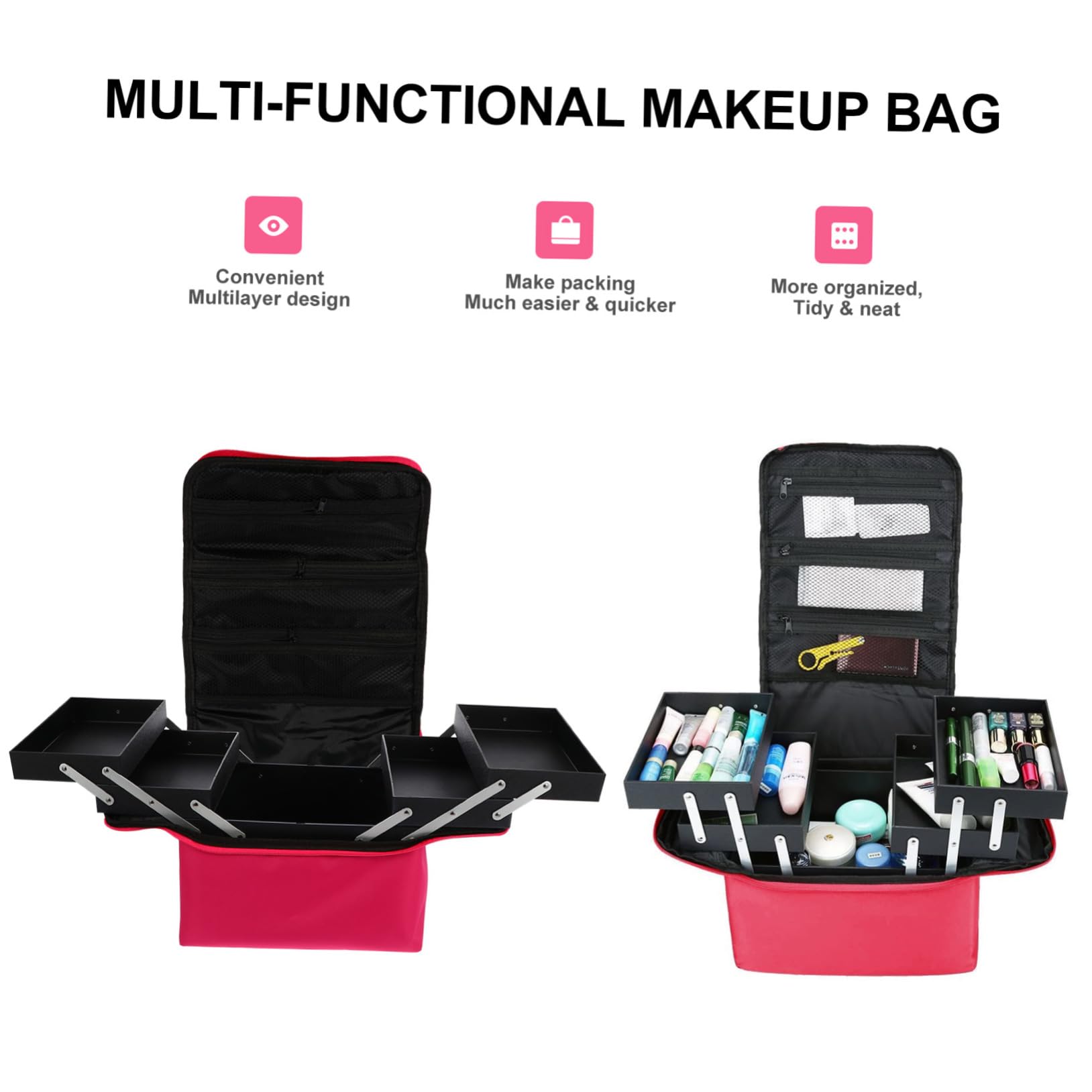 Borsa per Trucchi Oxford Doppia Cerniera e Manico Largo, Organizer Professionale Portatile per Cosmetici per Viaggi e Uso Quotidiano