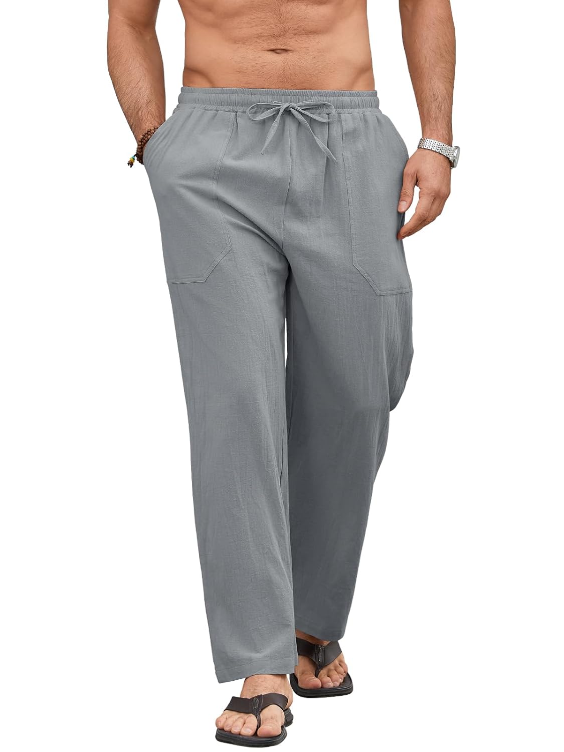 Men Linen Drawstring Pants Casual Summer Cotton Trousers Lightweight Breathable Straight Leg Vocation Beach Lounge Wear