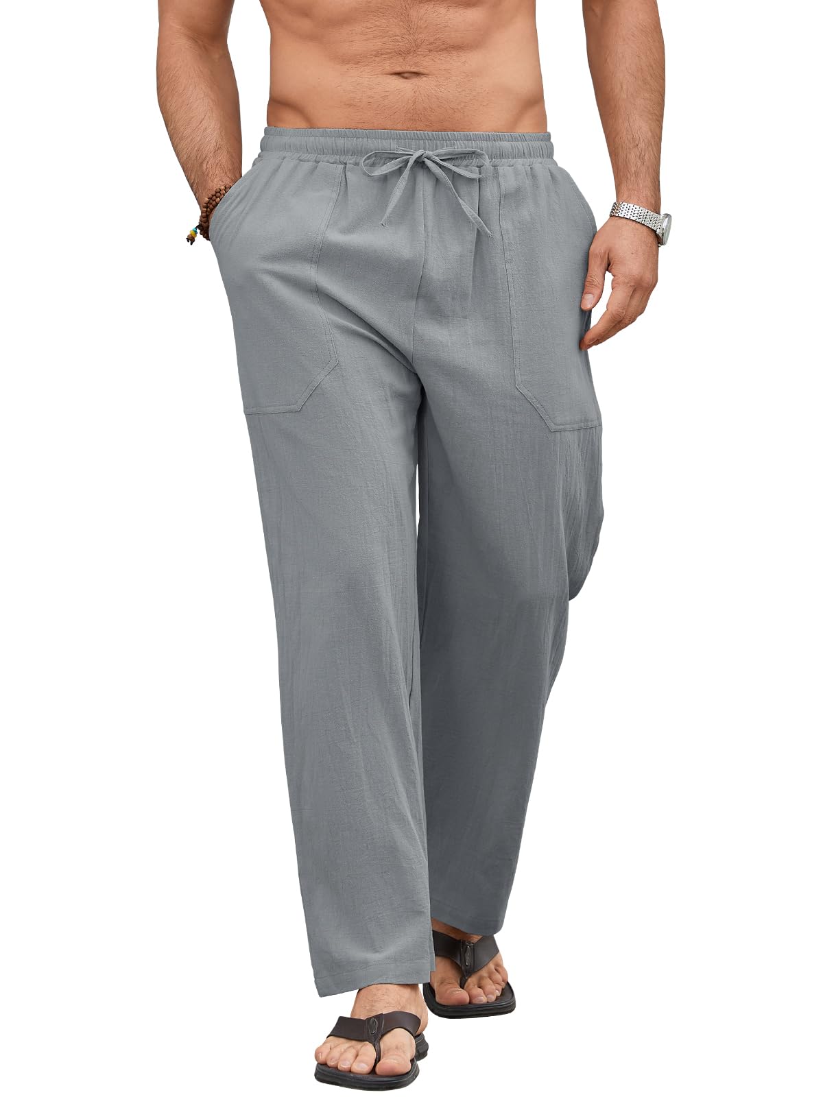 Men Linen Drawstring Pants Casual Summer Cotton Trousers Lightweight Breathable Straight Leg Vocation Beach Lounge Wear