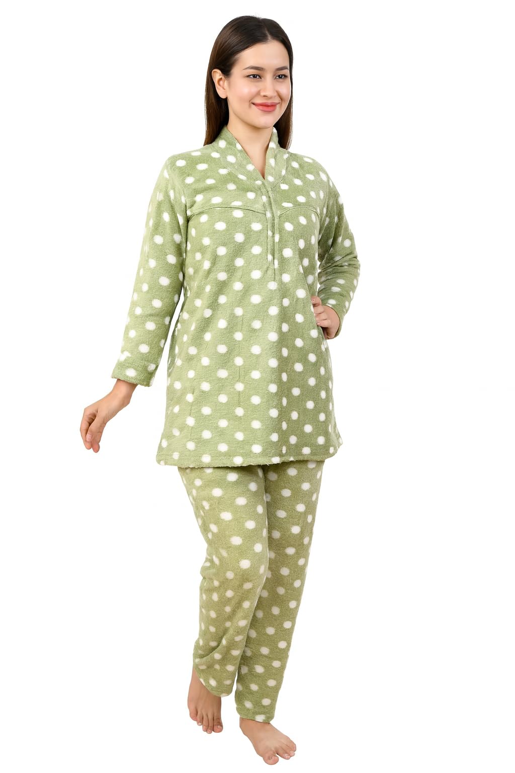 Women’s Winter Blanket Fabric Polka Dot Night Suit Set | Soft & Warm Full Sleeve Top and Pajama Set-picture-23