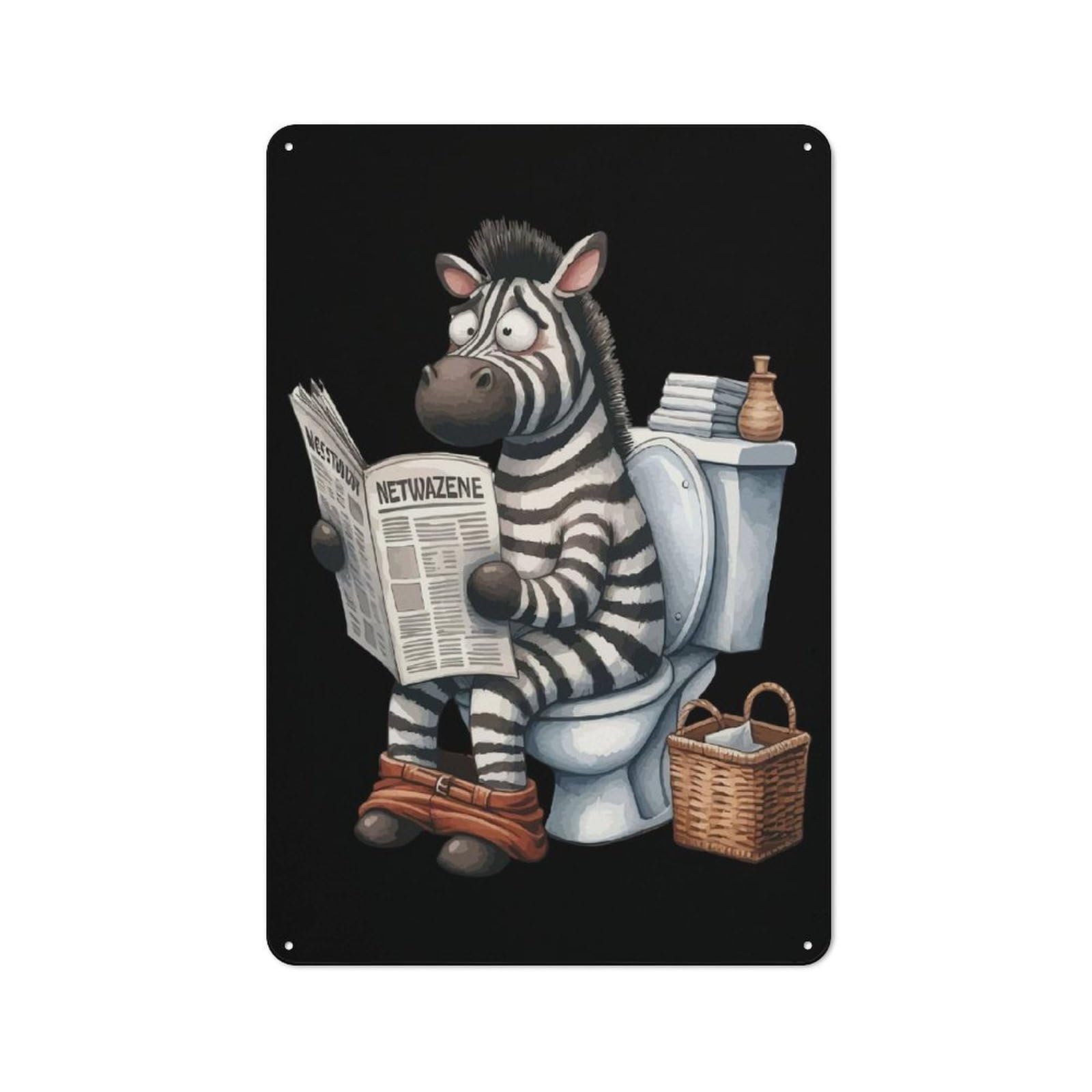 Junmoney Style-23 Metal Sign 30X20cm With Zebra On Toilet Reading Newspaper For Workshop Wall, Vintage Decor, For Vintage Wall Decor Fans, For Metal Sign Collectors