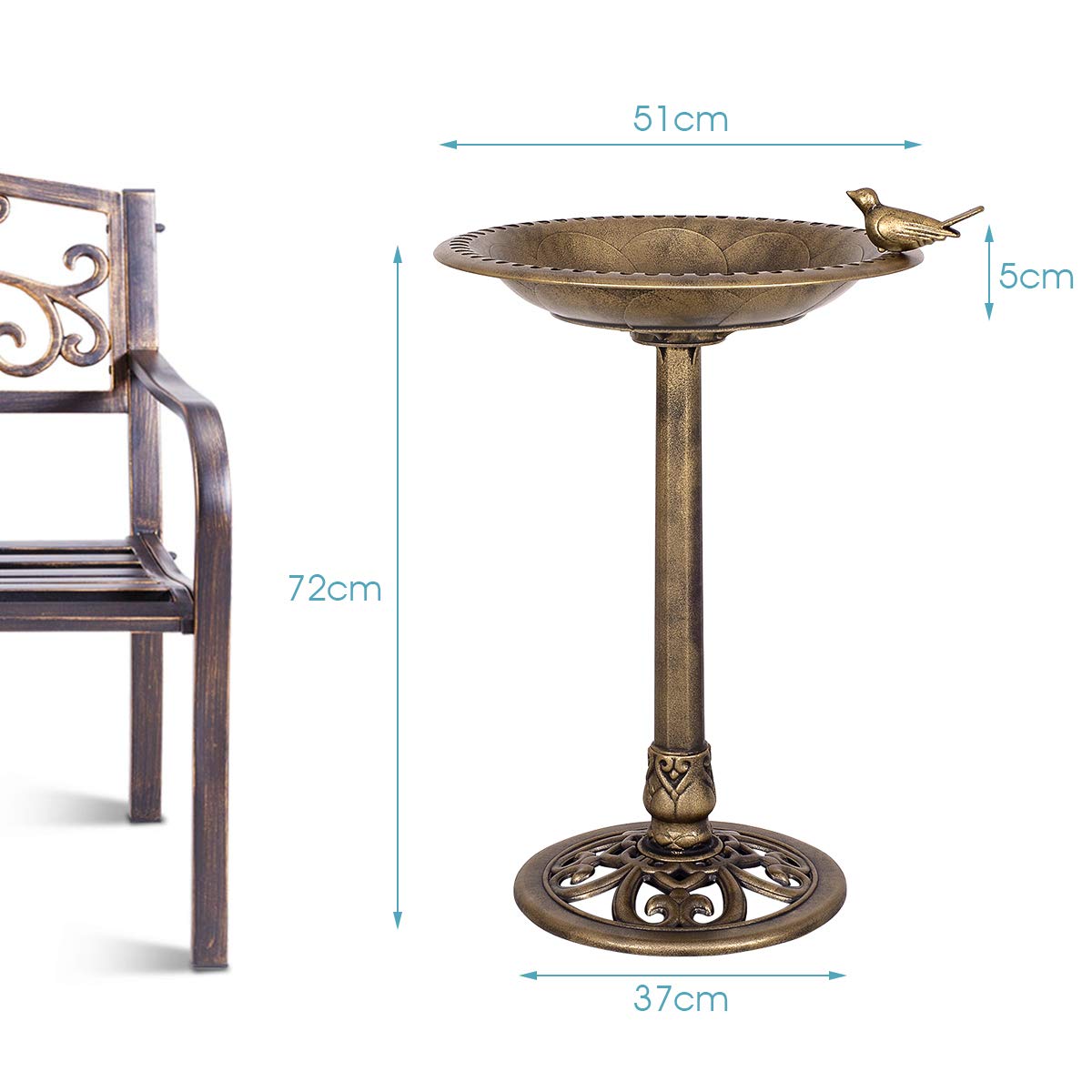 DREAMADE Bain d’Oiseaux Sauvages sur Pied, Etanche Résistant aux Imtempéries, Jardin/Cour Extérieur, Décoratif avec Aspect Métal, Bronze (Bronze)