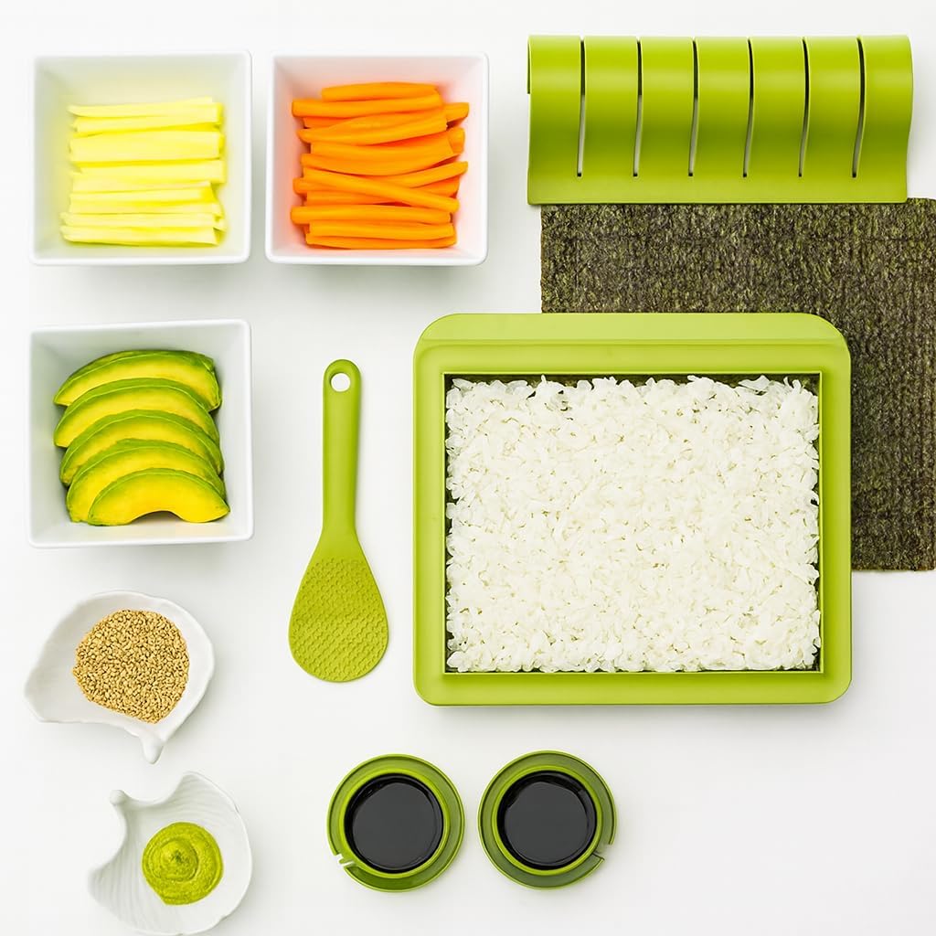 SushiQuik Sushi Making Kit for Beginners & Kids - Rice Frame, Paddle, Mat, Cutter, Base & Soy Caps