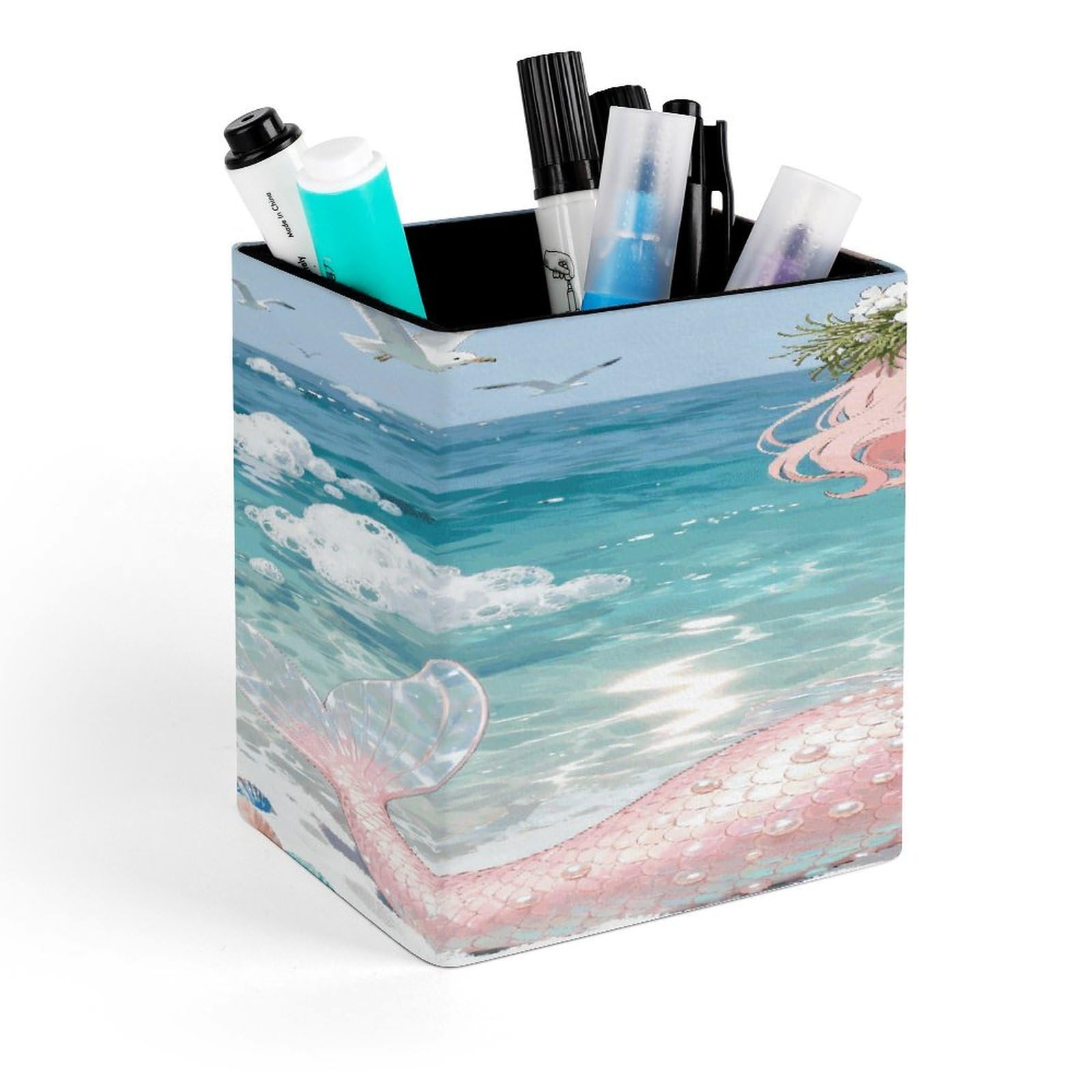 LZQPOEAS Mermaid Square Pen Pencil Holder PU Leather Pencil Cup Desktop Stationery Organizer Office Accessories Container