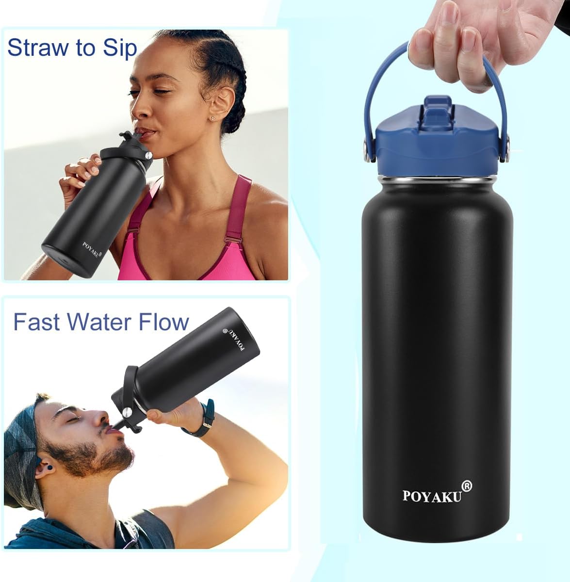 Straw Lid Sport Water Bottle Wide Mouth, Flex Straw Lid Compatible with Hydroflask 12 16 18 20 32 40 64 oz, Replacement Lids and Water Bottle Lid Accessories (Blue)