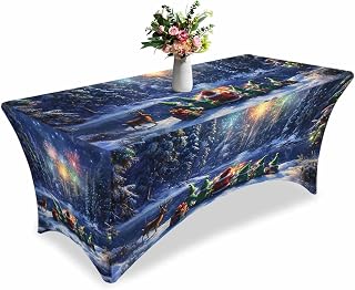 6ft Stretch Spandex Tablecloth,Christmas Santa Claus Elves Watching Fireworks Fitted Table Cover for Rectangular Tables,Winter Snowflakes Wrinkle Free Table Cloths for Wedding,Party,Banquet